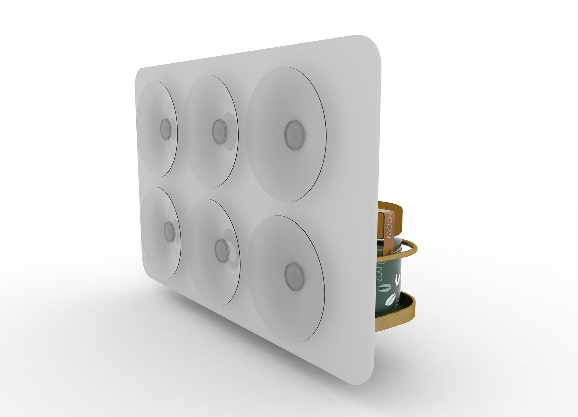 Render 3D da parte traseira do display carona Bacio di Latte, mostrando as seis ventosas grandes utilizadas para fixação na geladeira e sustentação dos potes de vidro.