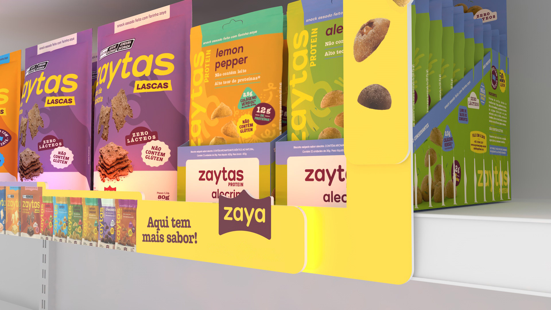 Render 3D aproximado da janela de gôndola da Zaya, destacando os produtos nas prateleiras, a estrutura regulável e os elementos gráficos com a identidade da marca.