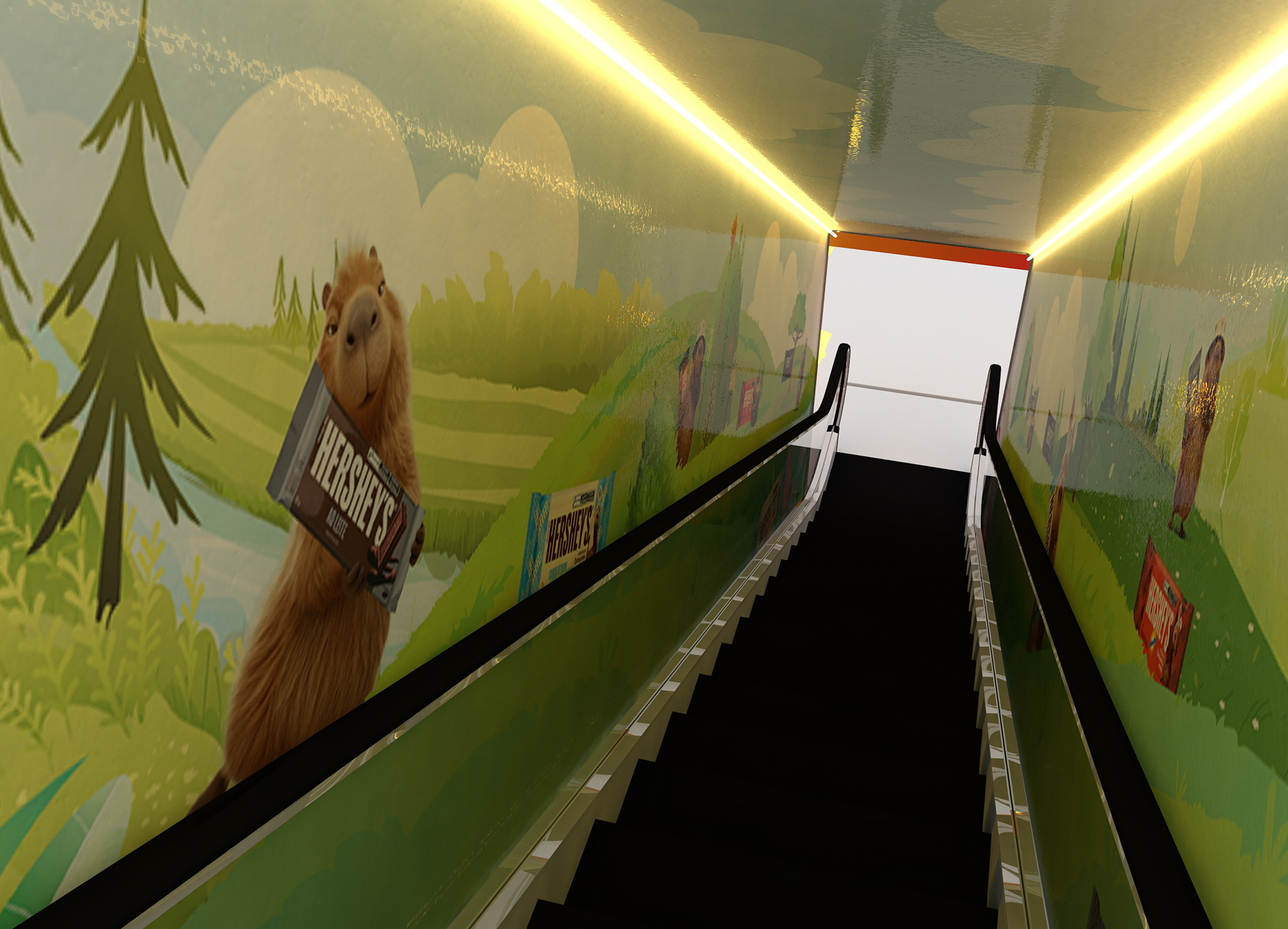 Render 3D do percurso interno do túnel, com paredes ilustradas, presença da Capibarra, barras de chocolate escondidas e luzes lineares criando uma experiência mais imersiva.