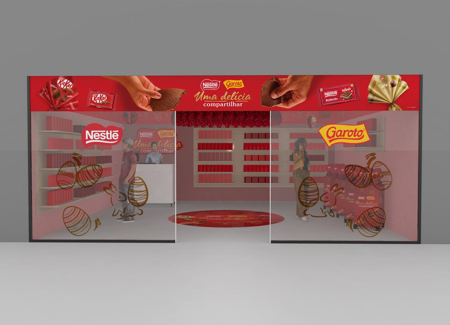 Render 3D da ambientação de lojinha de Páscoa da Nestlé no Carrefour, mostrando a fachada com comunicação visual da campanha, vitrine decorada e produtos expostos no interior.
