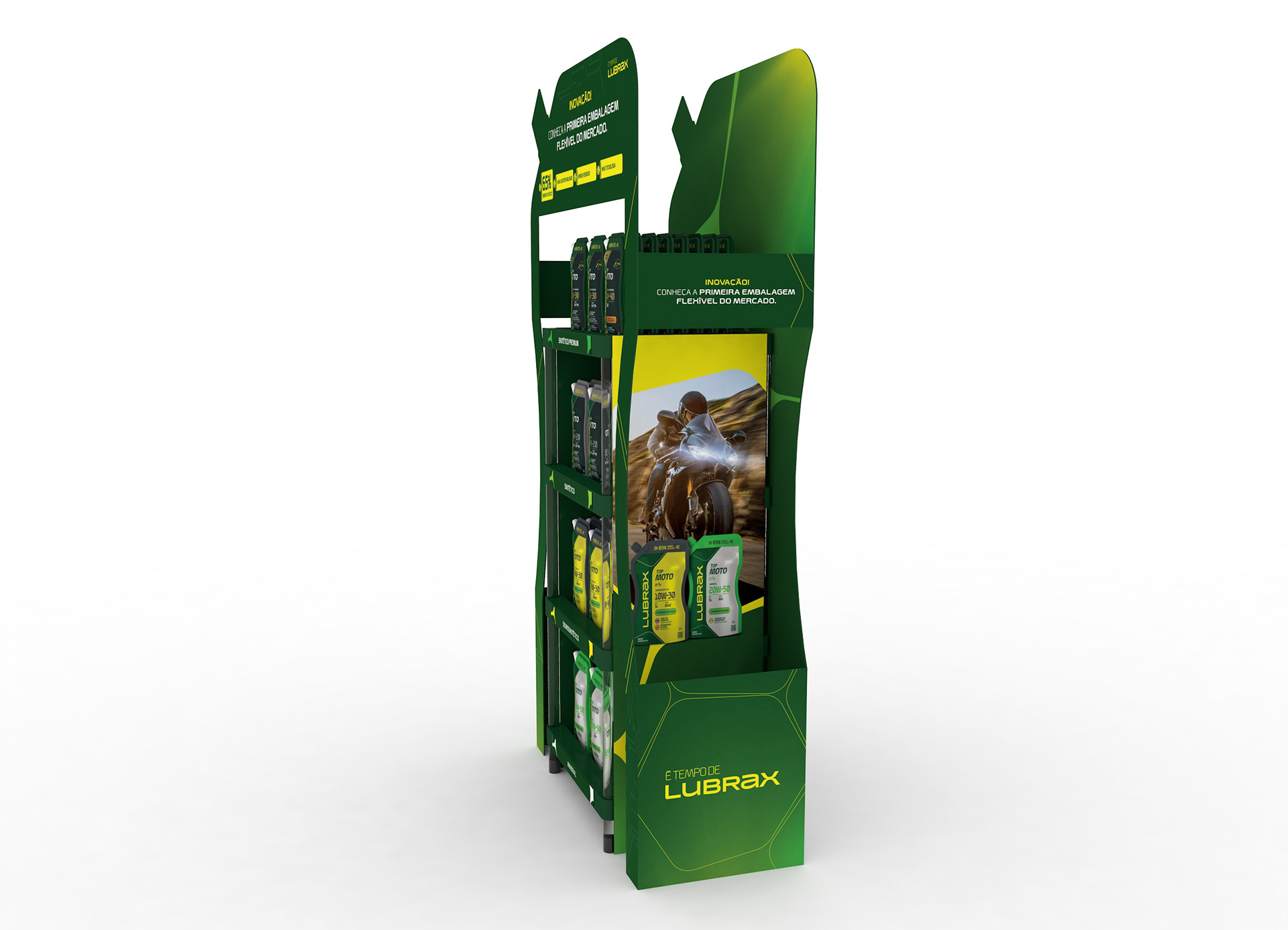 Render 3D em vista lateral do display pouch Lubrax, evidenciando a moldura externa com faca especial, os grafismos tecnológicos e a estrutura criada para valorizar as embalagens flexíveis.