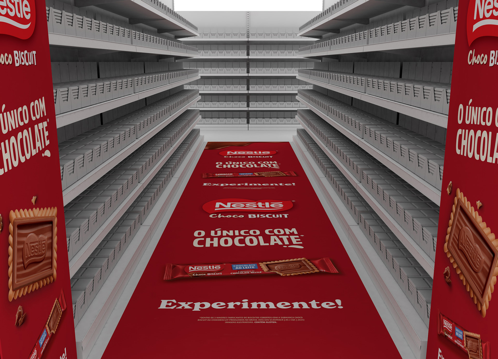 Vista interna de corredor de supermercado ambientado para Nestlé Choco Biscuit. O piso adesivado acompanha toda a extensão do corredor com logos, imagens do produto, slogan da campanha e chamada para experimentação, criando uma experiência de marca imersiva no ponto de venda.
