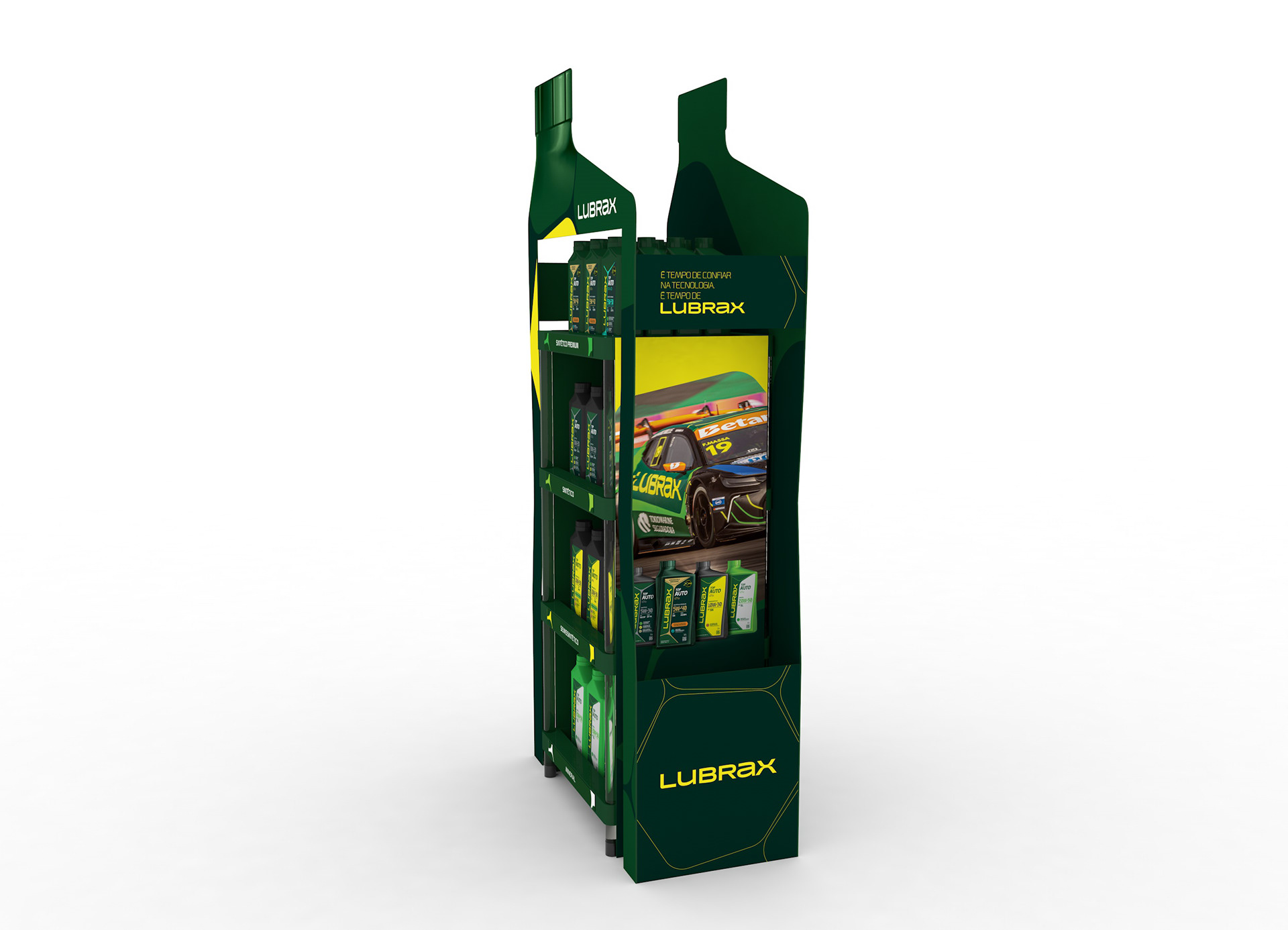 Render 3D em vista lateral do display garrafa Lubrax, mostrando a estrutura tipo display lego, a moldura externa personalizada e a arte com imagem de carro e produtos da marca.