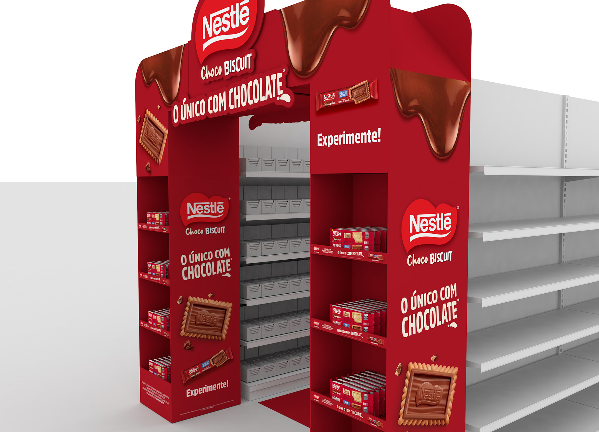 Render em perspectiva lateral da ambientação de corredor para Nestlé Choco Biscuit. O pórtico promocional conta com nichos para exposição de produtos, elementos de chocolate derretido, logo em destaque e comunicação visual integrada ao adesivo de piso, reforçando a presença da marca no varejo.