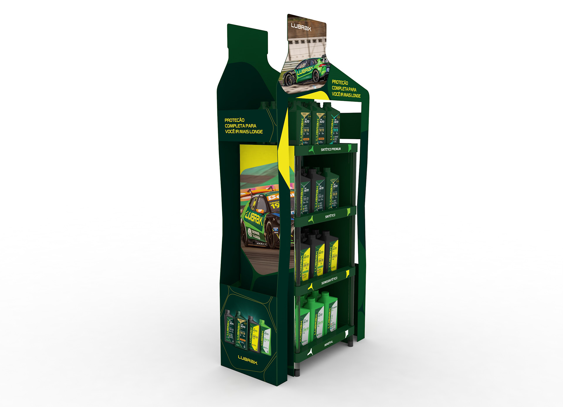 Render 3D do display de chão Lubrax em formato de garrafa, com produtos organizados nas prateleiras, moldura externa com faca especial e comunicação visual em verde e amarelo.
