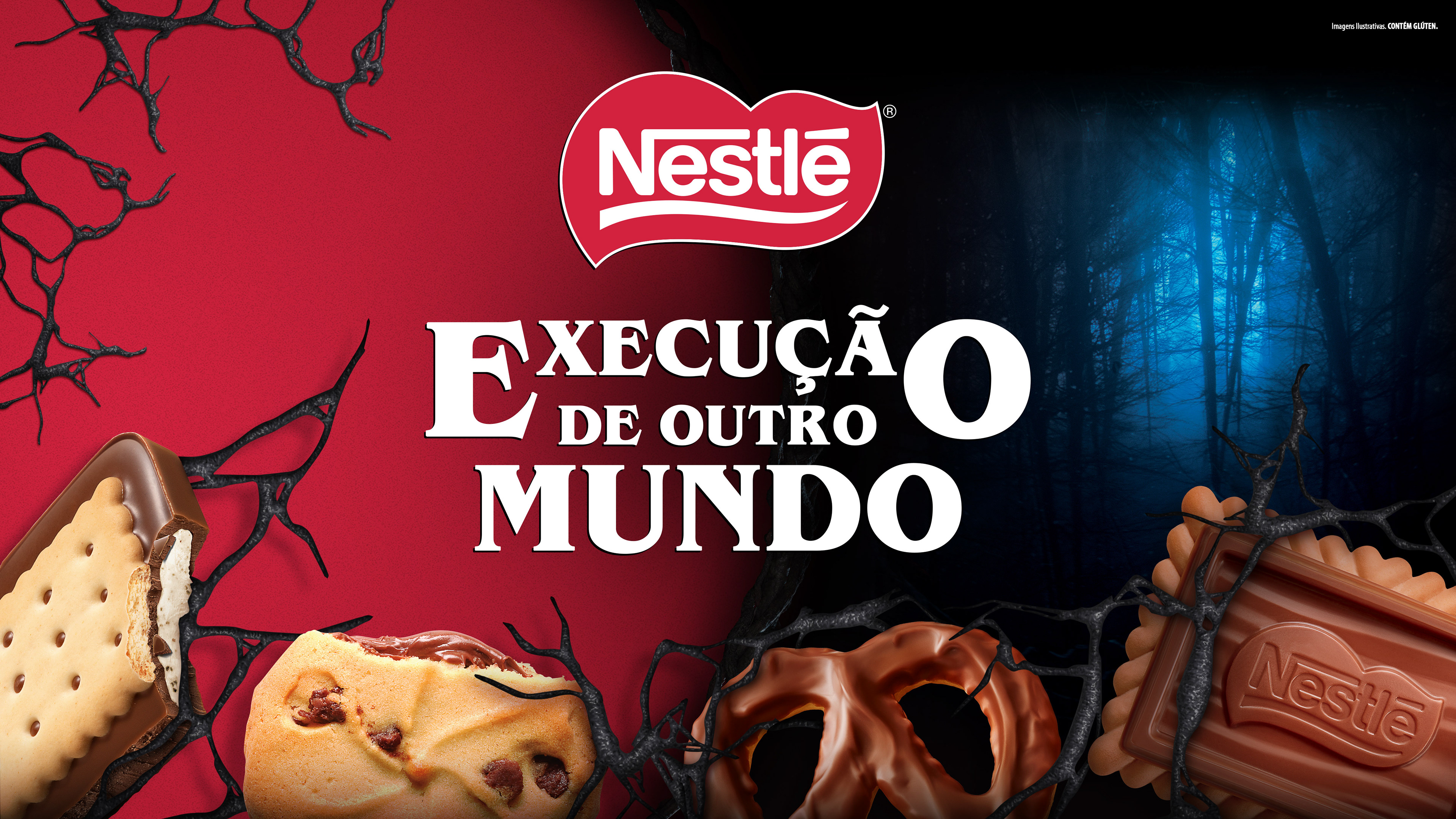 Arte de incentivo Nestlé Stranger Things biscoitos, vermelho e azul.