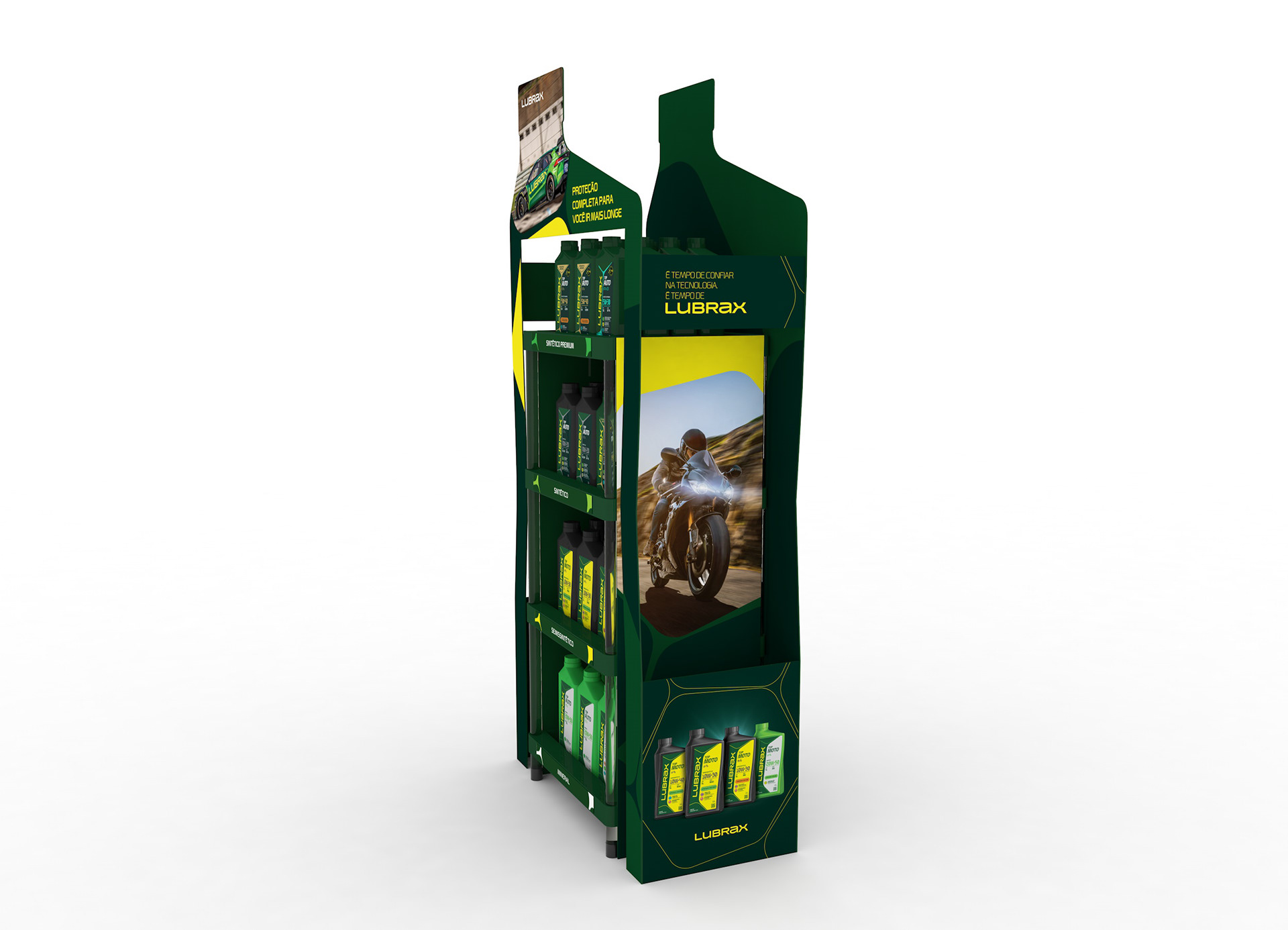 Render 3D em vista lateral do display garrafa Lubrax, mostrando a estrutura tipo display lego, a moldura externa personalizada e a arte com imagem de carro e produtos da marca.