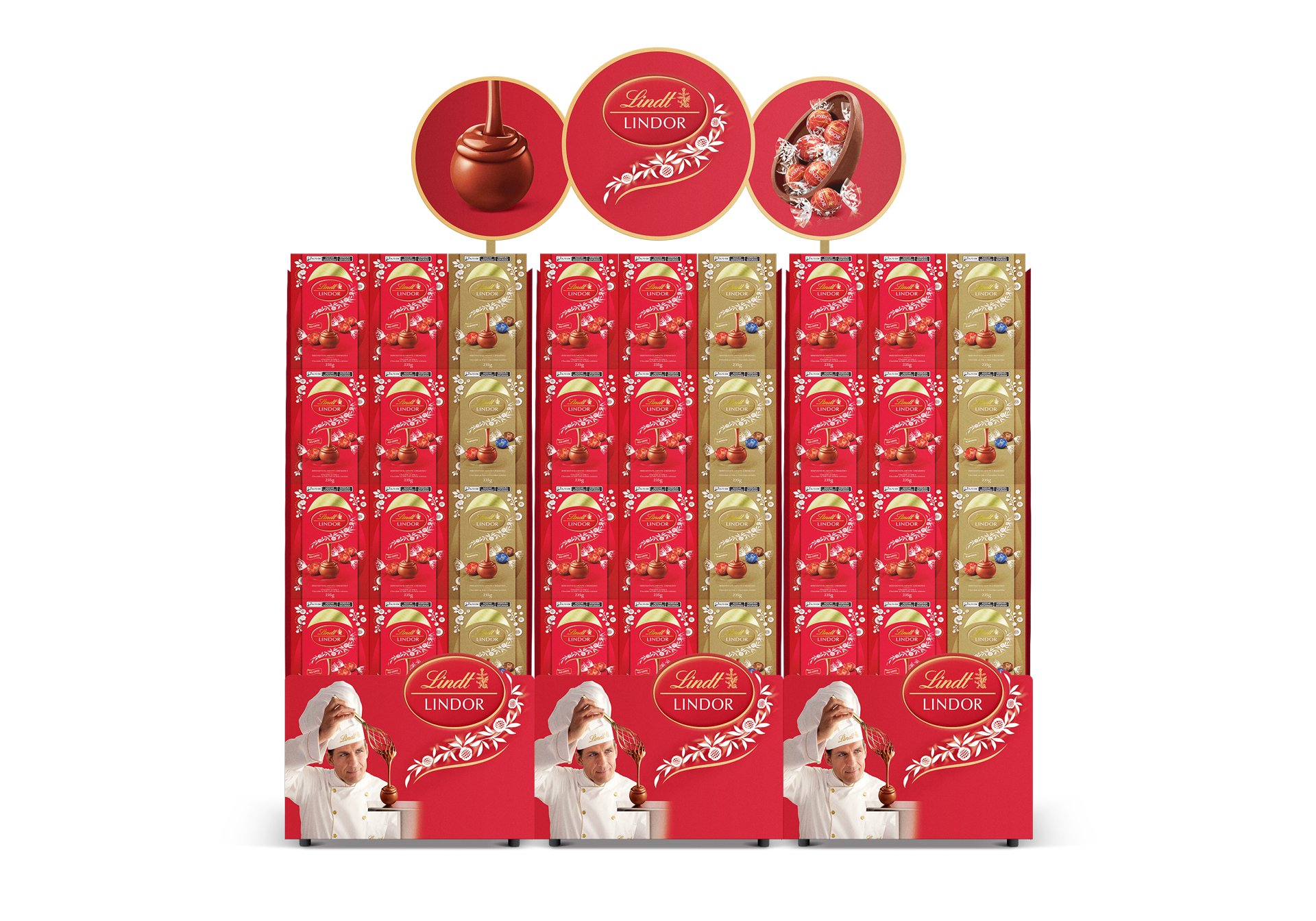 Image may contain: Conjunto de três display ovos de páscoa Lindt junto com testeira.