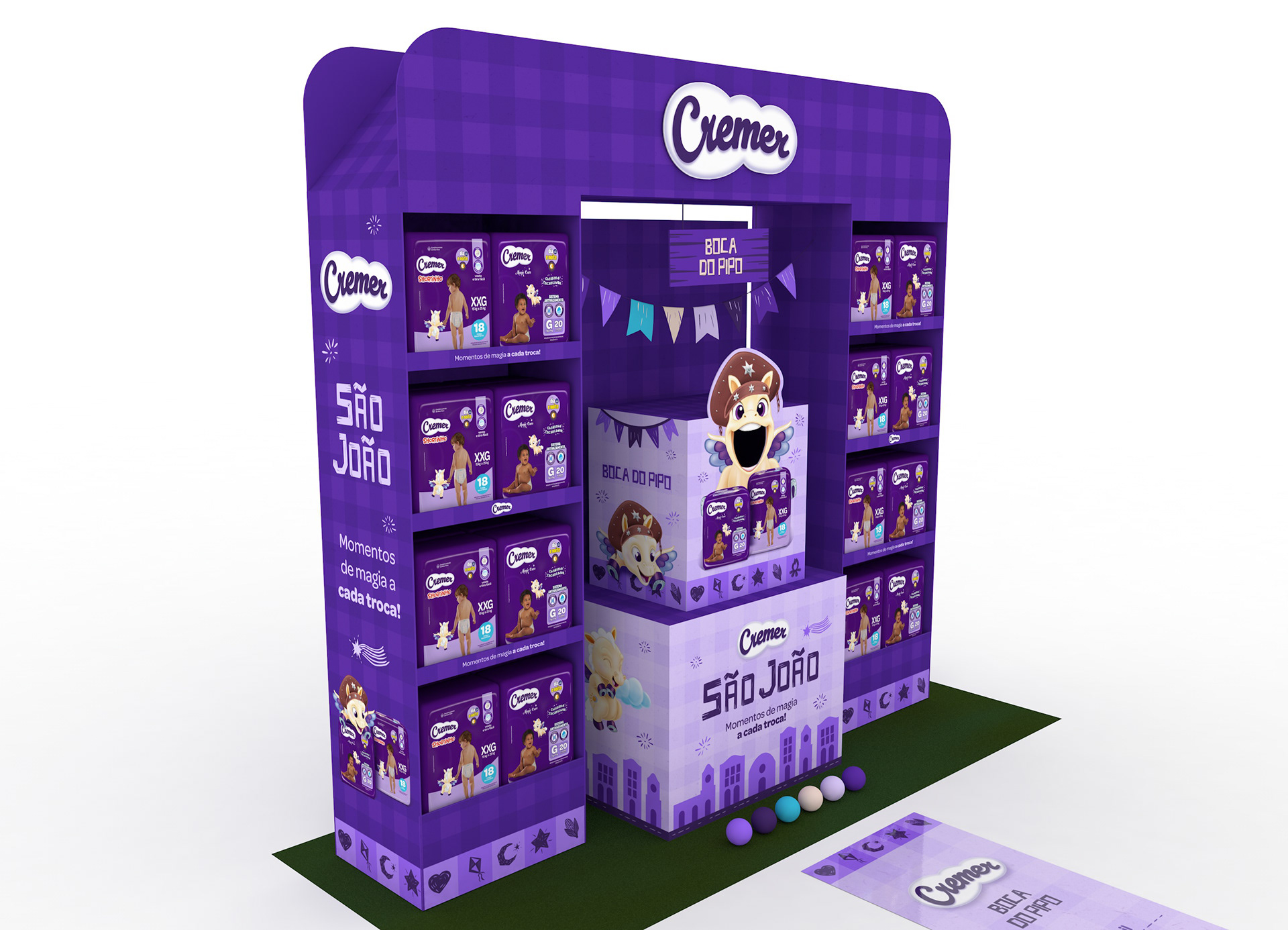 Render 3D de ativação promocional Cremer para São João inspirada na tradicional boca do palhaço, reinterpretada com o mascote da marca. A estrutura conta com displays laterais de fraldas, área central interativa para a brincadeira e comunicação visual temática em tons de roxo.