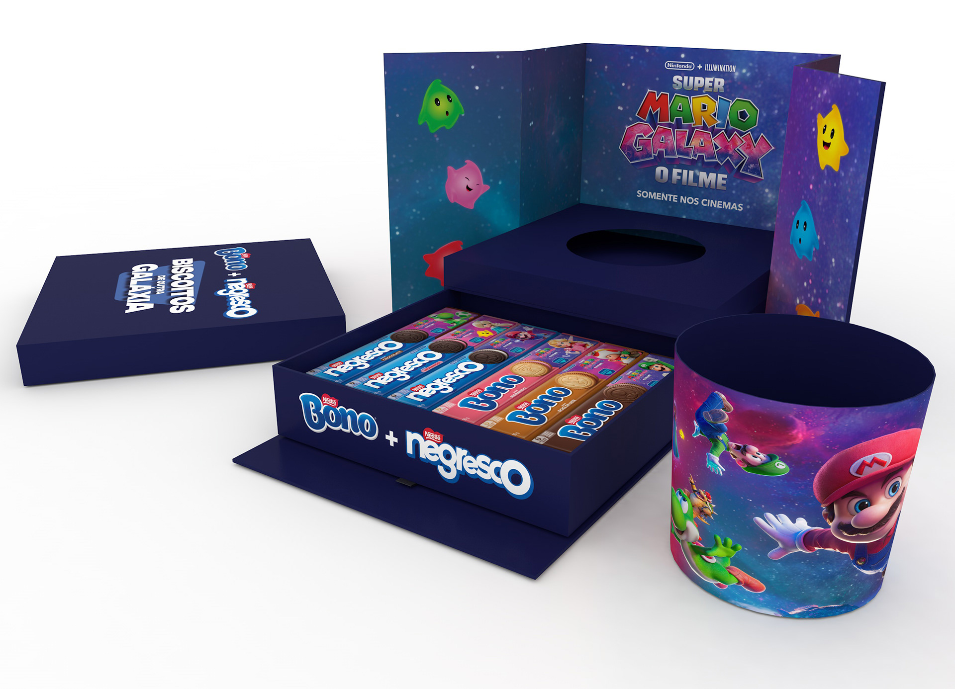 Render 3D do press kit com os elementos separados, mostrando tampa, base, gaveta dos biscoitos e balde de pipoca com arte do Super Mario Galaxy.