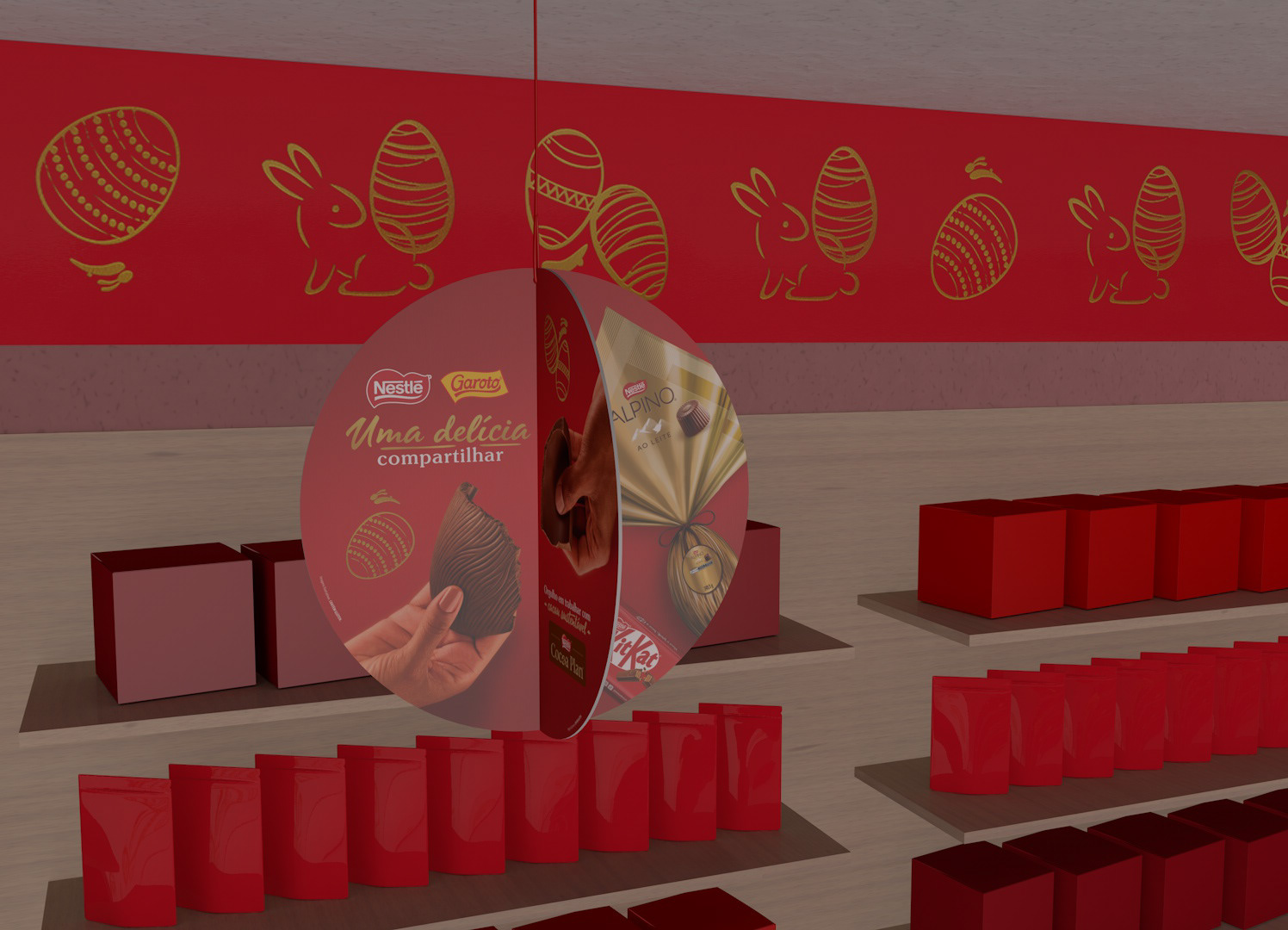 Render 3D de display interno da campanha de Páscoa Nestlé, com comunicação visual temática, produtos em destaque e elementos decorativos inspirados em ovos de Páscoa.
