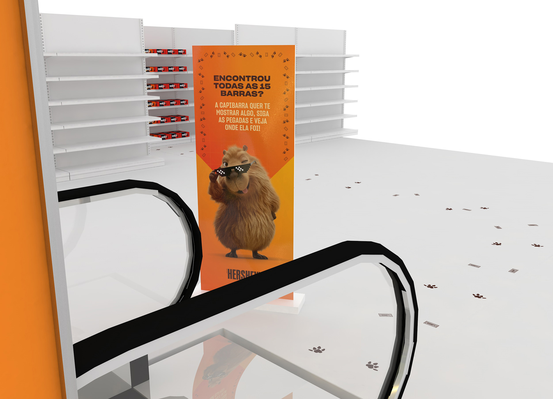 Render 3D de totem da campanha Hershey’s posicionado após o túnel, indicando a continuação da brincadeira com a Capibarra e convidando o público a seguir as pegadas.