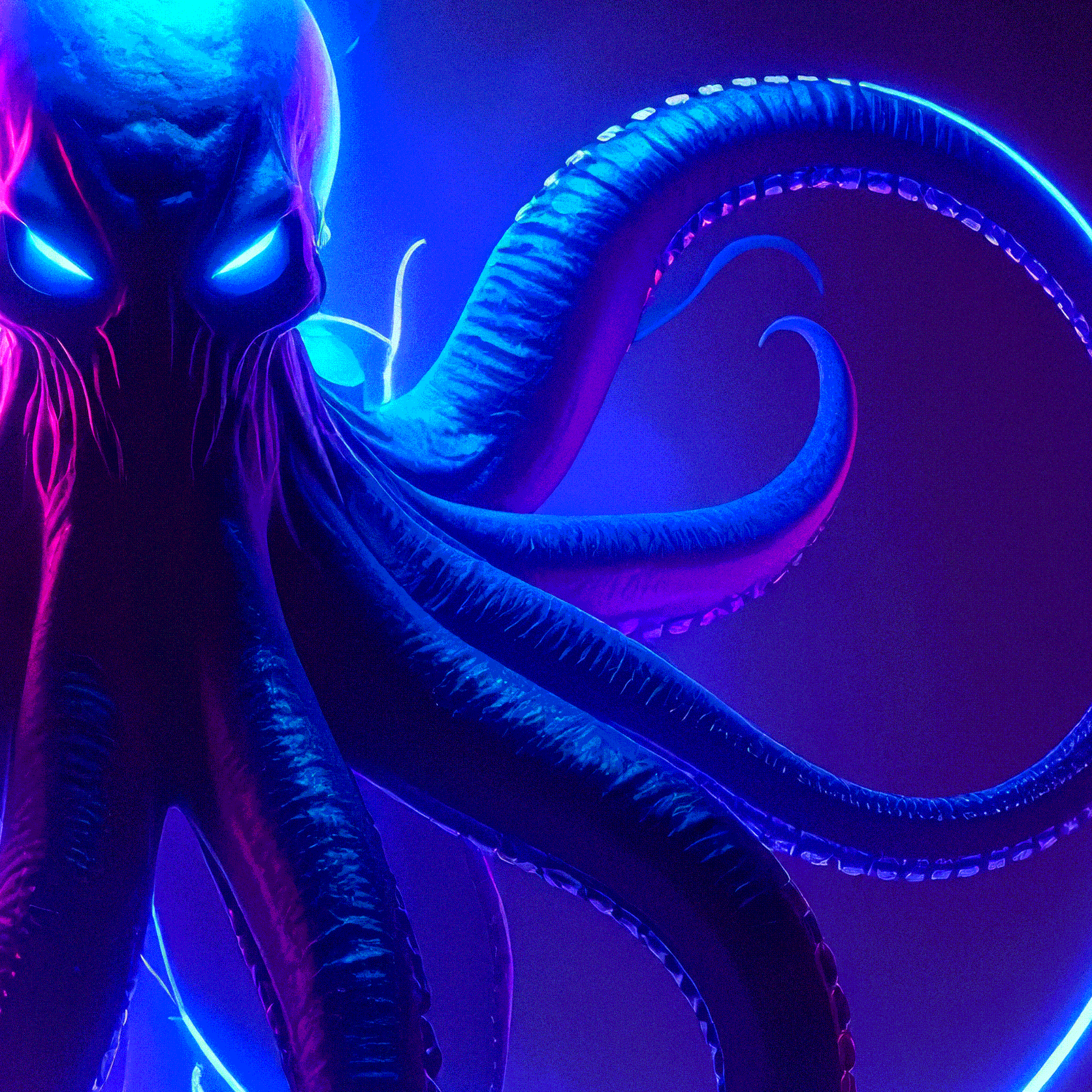 GIF mostrando o processo de criação da capa Hidden Skills, com a construção visual do polvo, raios abstratos, sombras e efeitos de luz em tons de azul e roxo.