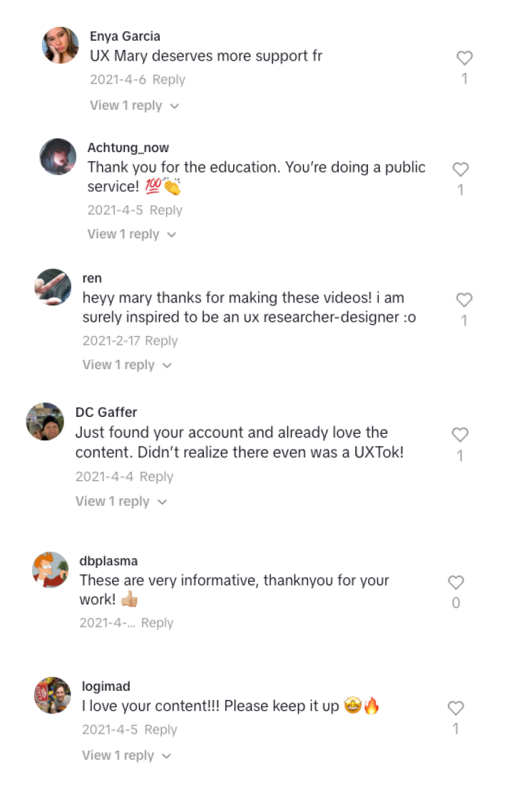 top comments from Mary's Tiktoks