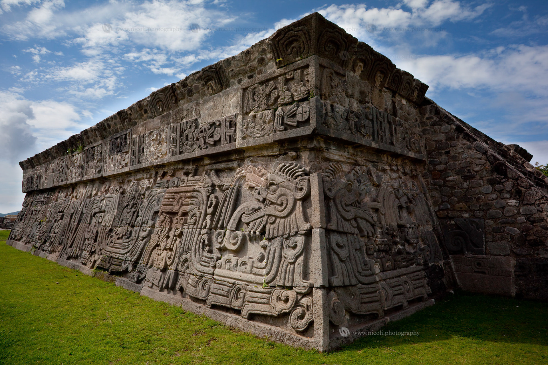 Temple of the Feathered Serpent in Xochicalco Mexico. UNESCO World Heritage Site