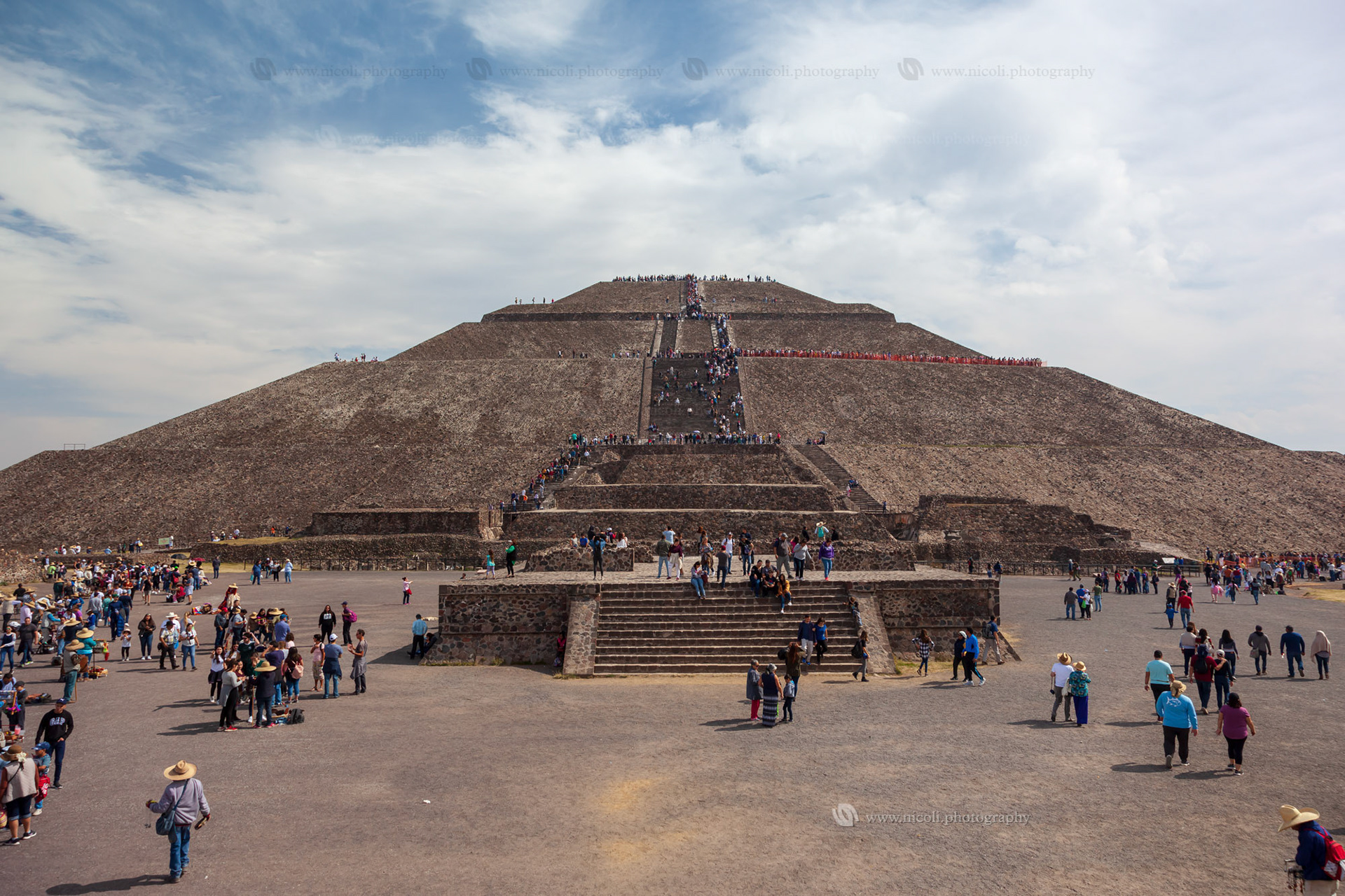 SAN JUAN TEOTIHUACAN, MEXICO - DEC, 26, 2018: Tourists visiting the impresive Teotihuacan valley near Mexico City, San Juan Teotihuacan, Mexico.