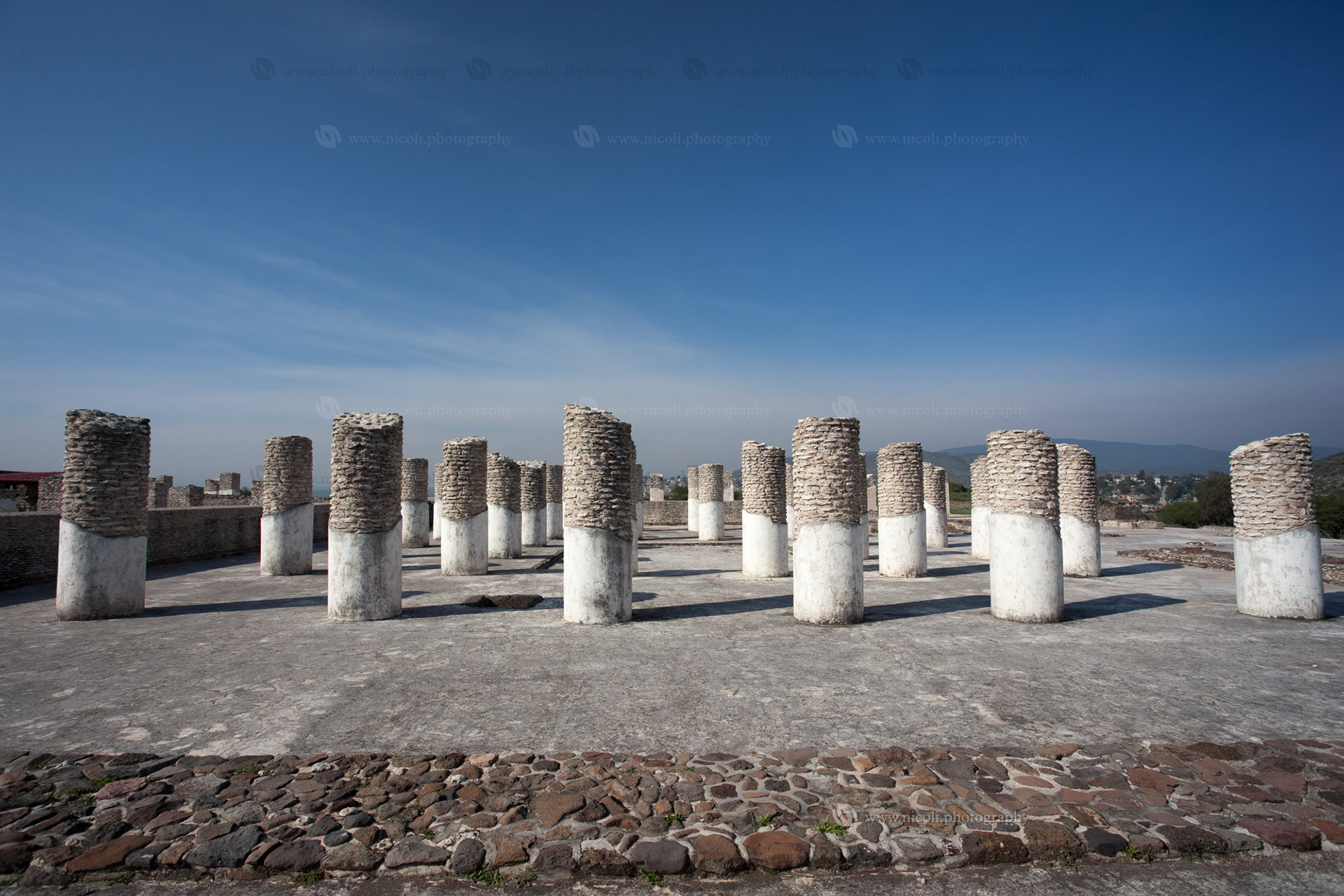Columns. Ancient ruins of Tula de Allende, home of the Atlantean figures and  the characteristic chacmools. In the state of Hidalgo, Mexico.