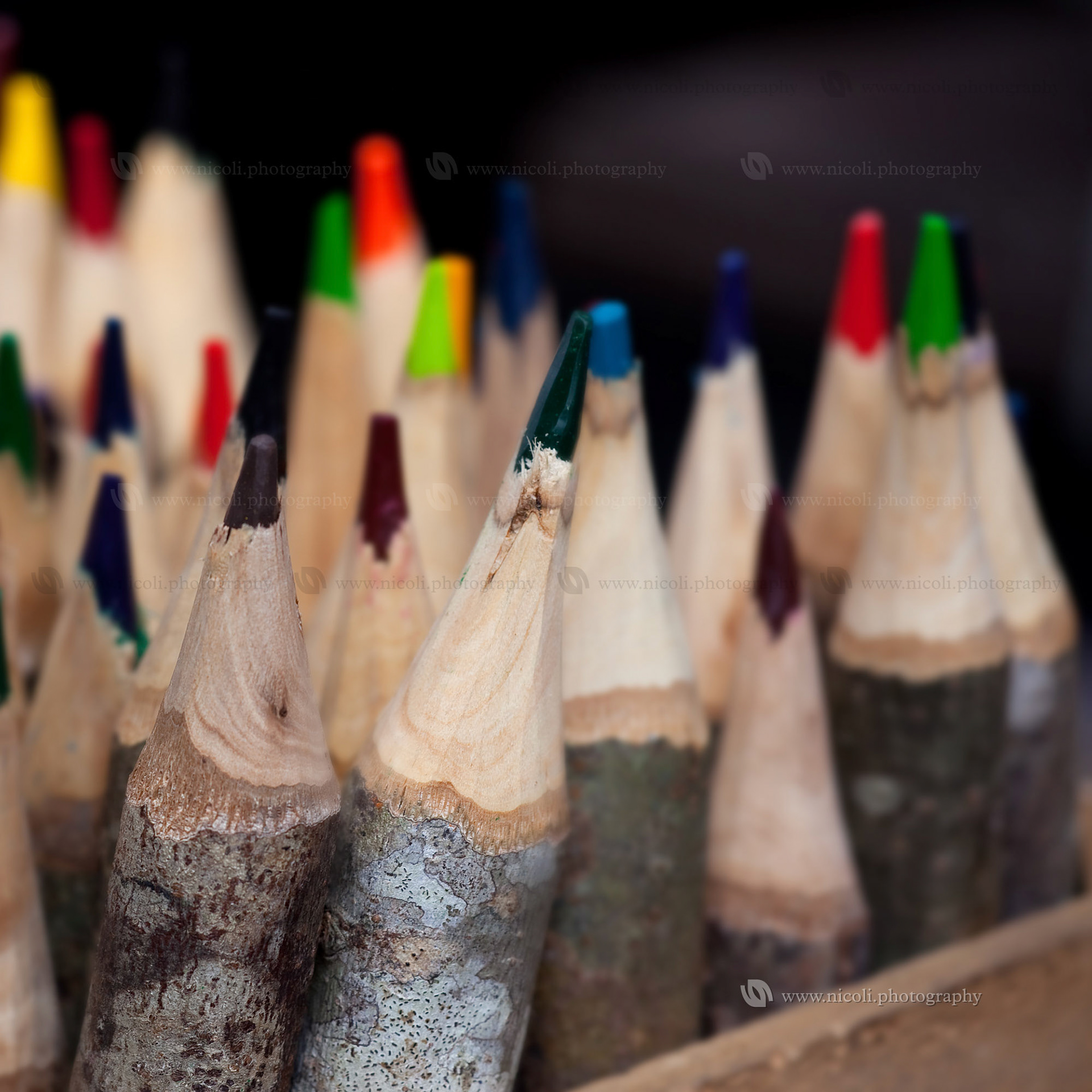 Big pencils. Pencils made of wand. Very shallow depth of field