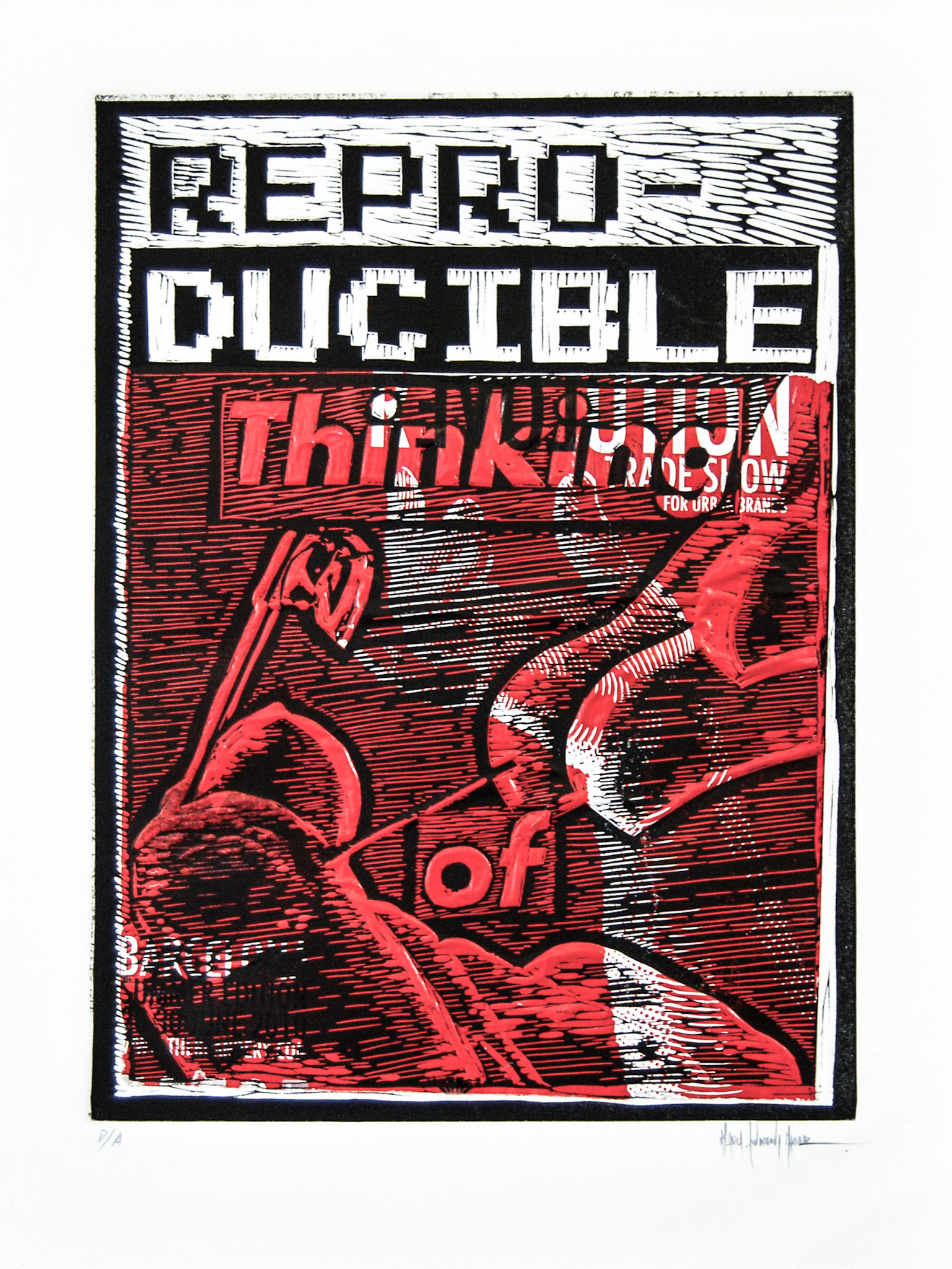 Reproducible EVOL. Linocut. 29.5 x 20 cm. Málaga Crea Artes Visuales @ CAC Málaga. 2010. / BJCEM -Bienal de Jóvenes Creadores de Europa y el Mediterráneo, Tesalónica, 2011.