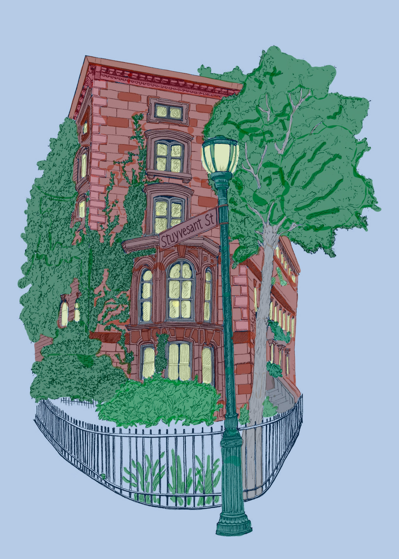 Stuyvesant St in the evening: painted by me, pen sketch by Kelli Ercolano