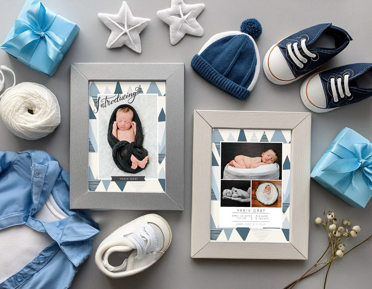Baby-boy-newborn-announcement-blue-white-grey-triangle-modern-mood-board-frames