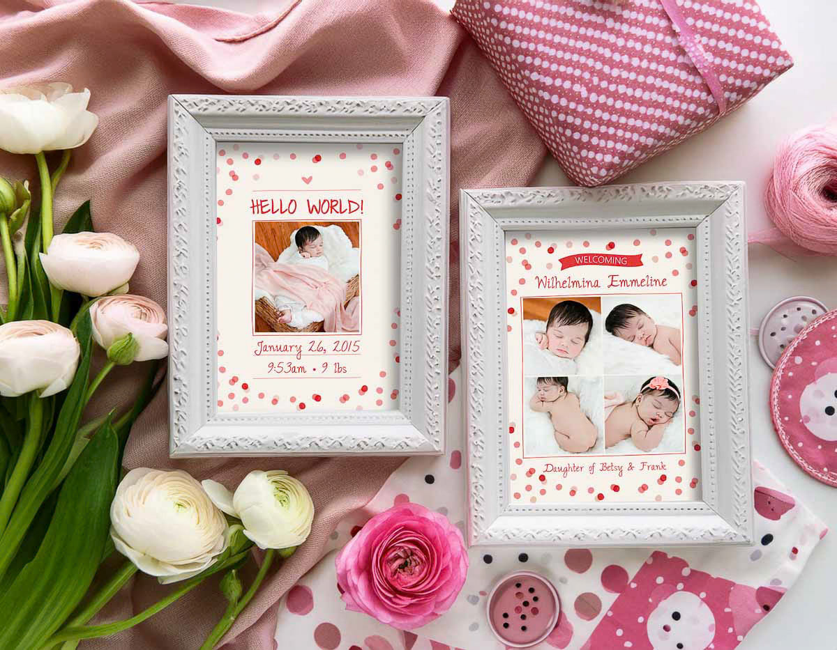 Baby-girl-newborn-announcement-pink-white-polka-dot-sweet-modern-mood-board-frames