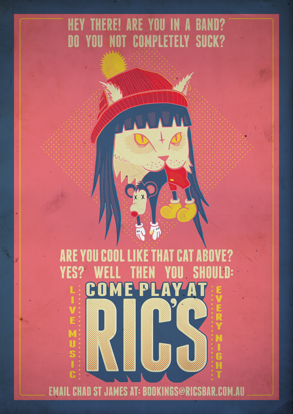 Poster for Ric's Bar featuring a Hipster cat