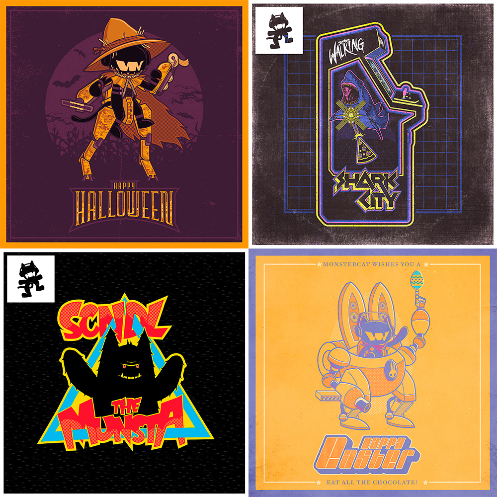 Monstercat Halloween mech, Stephen Walking Shark City release art, SCNDL The Munsta release art, Monstercat Eastermech