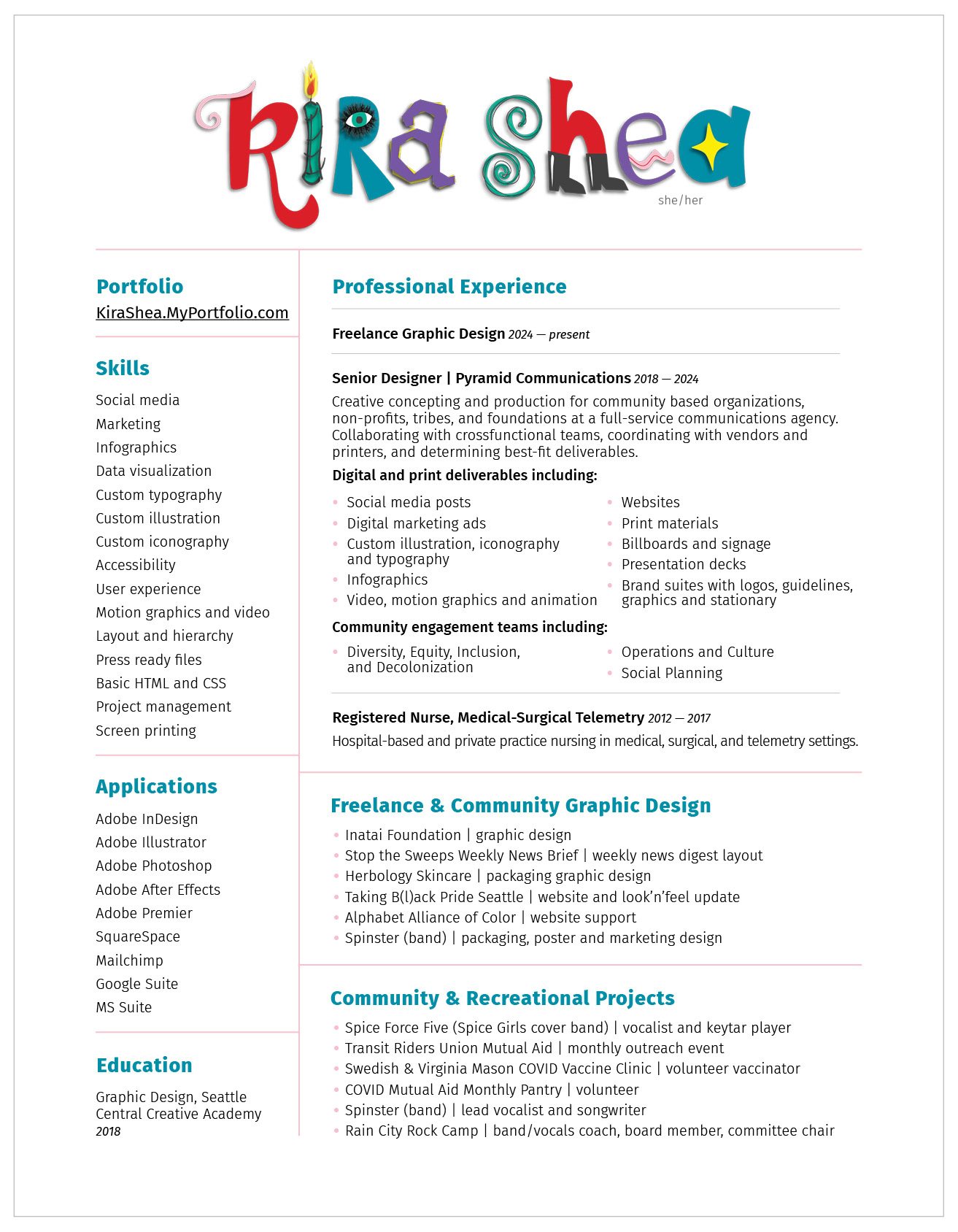 Kira Shea's resume, available for pdf download at the link above