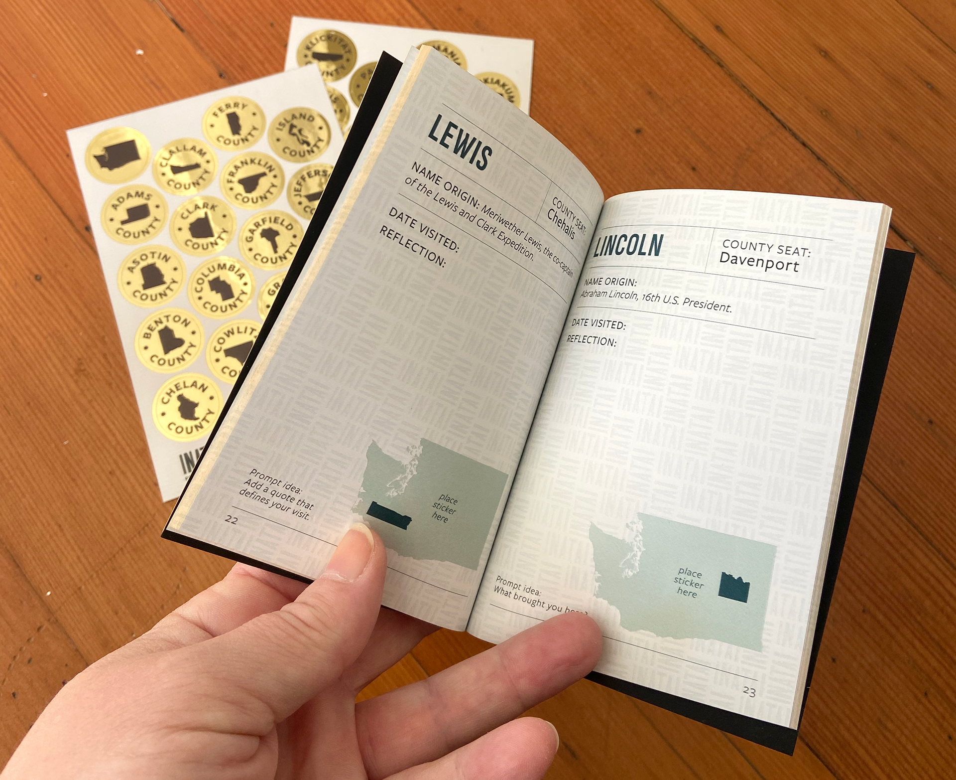 Washington State passport held open with gold county stickers in the background