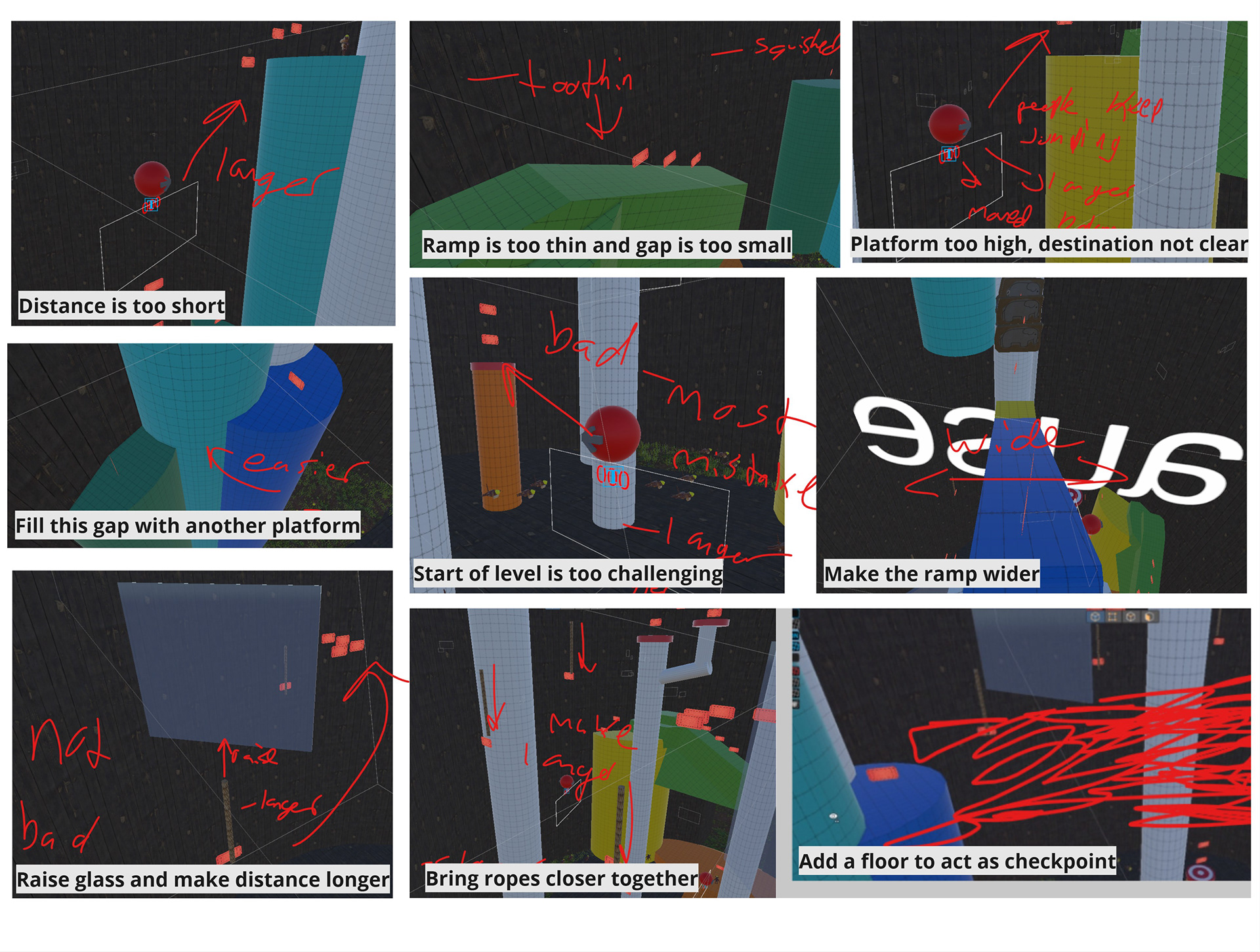 Collage of annotated screenshots I made immediately after playtesting