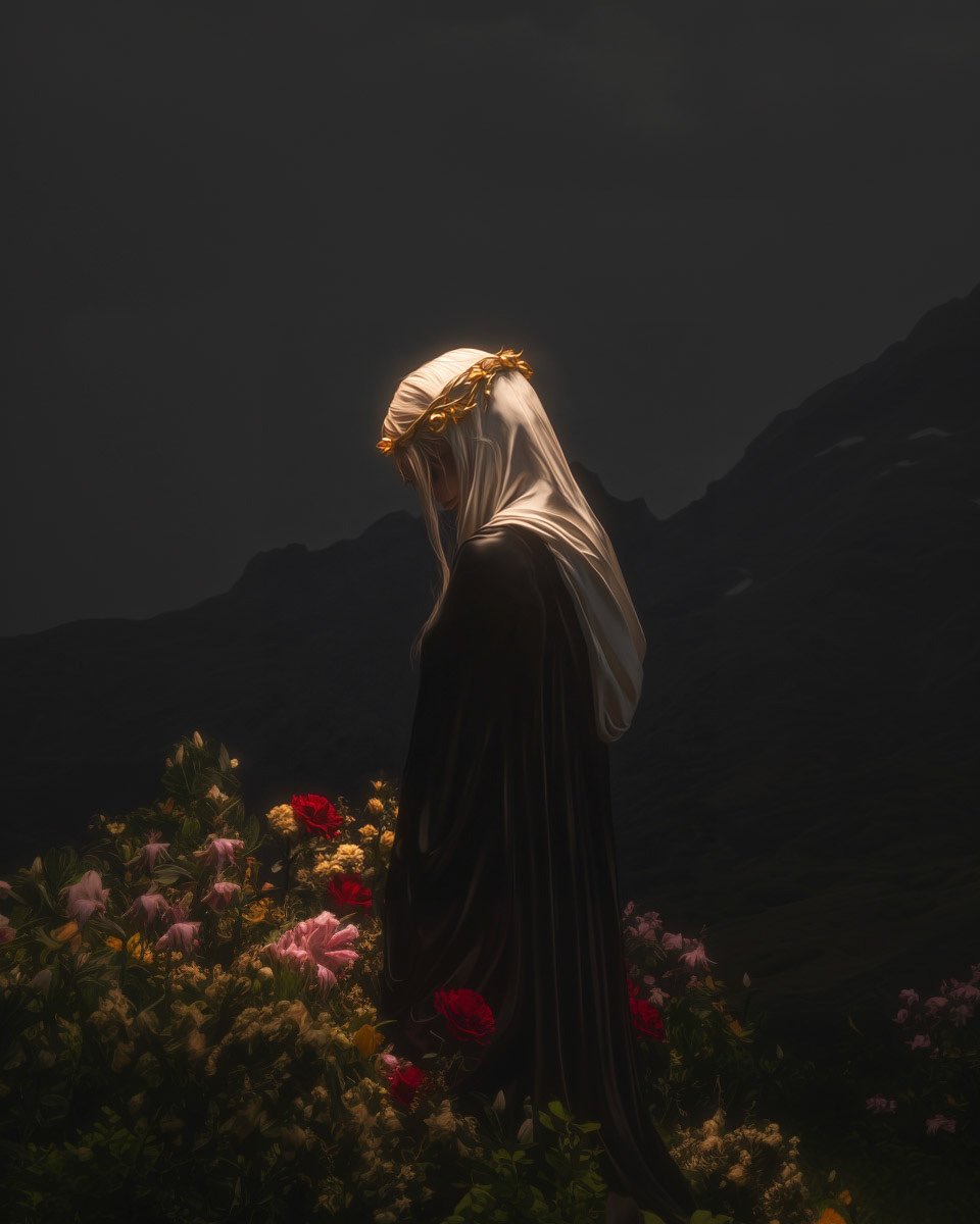 full body beautiful woman with pale skin, standing in front of a dark mountain landscape, flowers, baddiecore, surrealism, art --ar 4:5 --style raw --profile t9tfwly t33oh8q --v 6.1 Job ID: 27d4bd46-198c-4fc8-84c8-b18f0db73e42