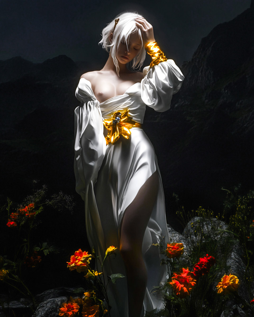 full body beautiful woman with pale skin, standing in front of a dark mountain landscape, flowers, baddiecore, surrealism, art --ar 4:5 --style raw --profile t9tfwly t33oh8q --v 6.1 Job ID: f6e49bf0-cc07-45e6-bfca-c0ad0d7e3ef4