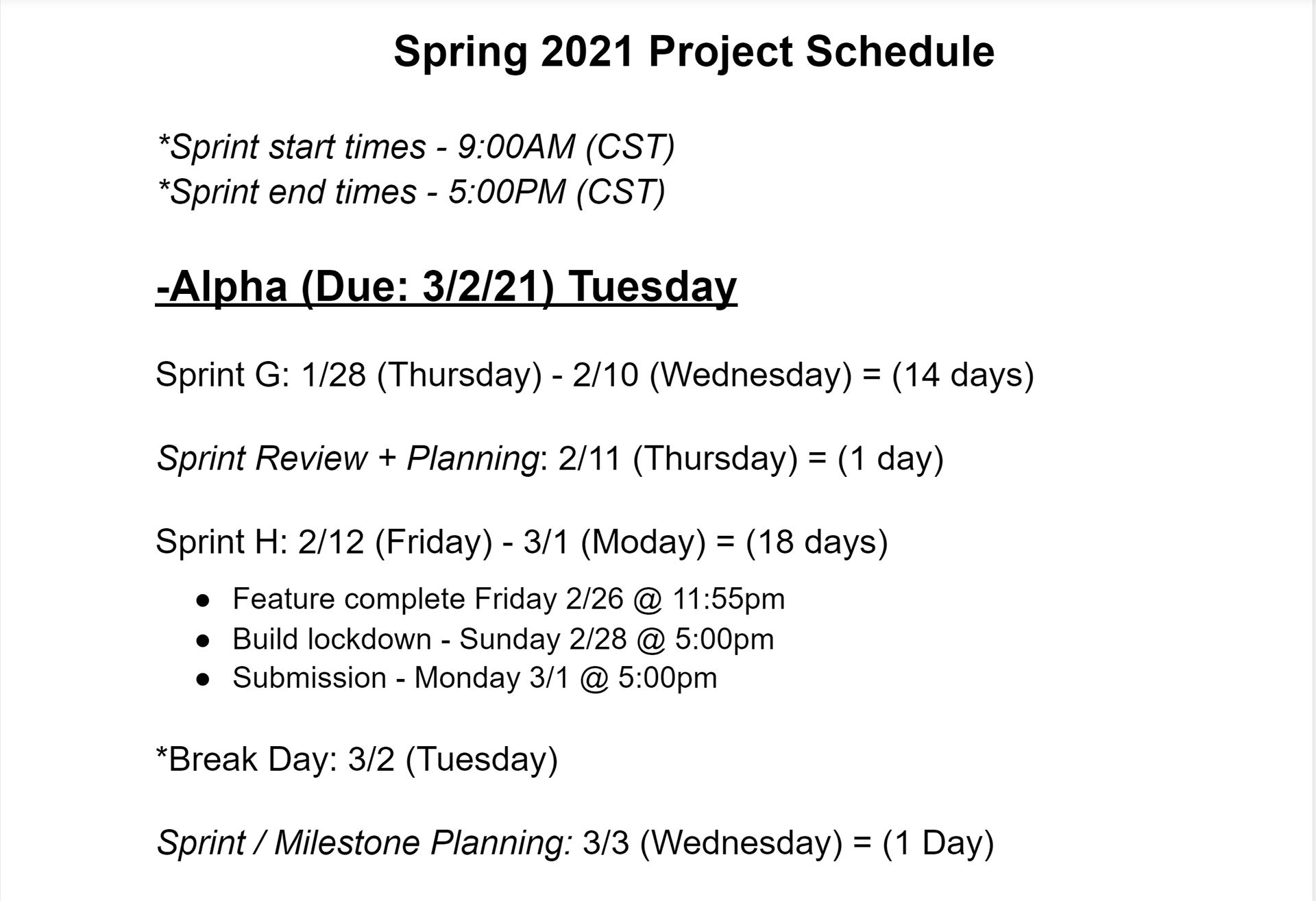 (2) Alpha Sprint Schedule