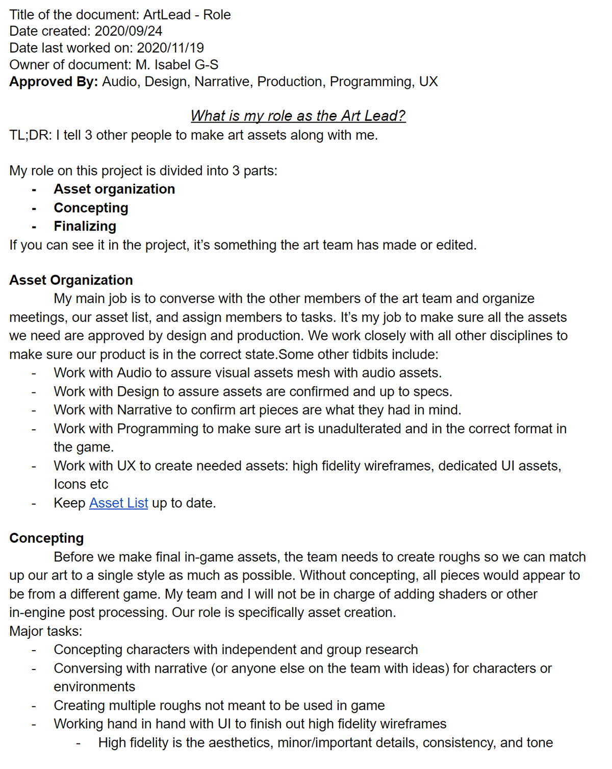 Role Sheet for Art