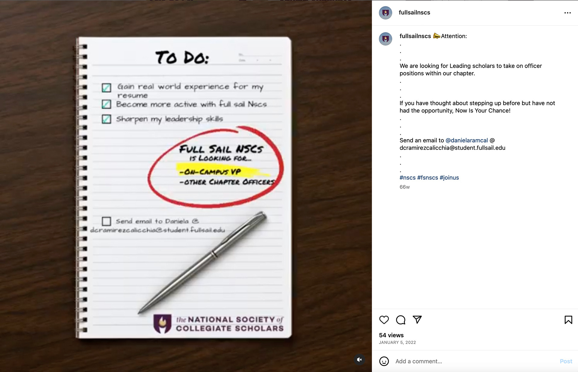 Here I created a post to appeal to other student of Full Sail NSCS to persuade them to step up as officers.