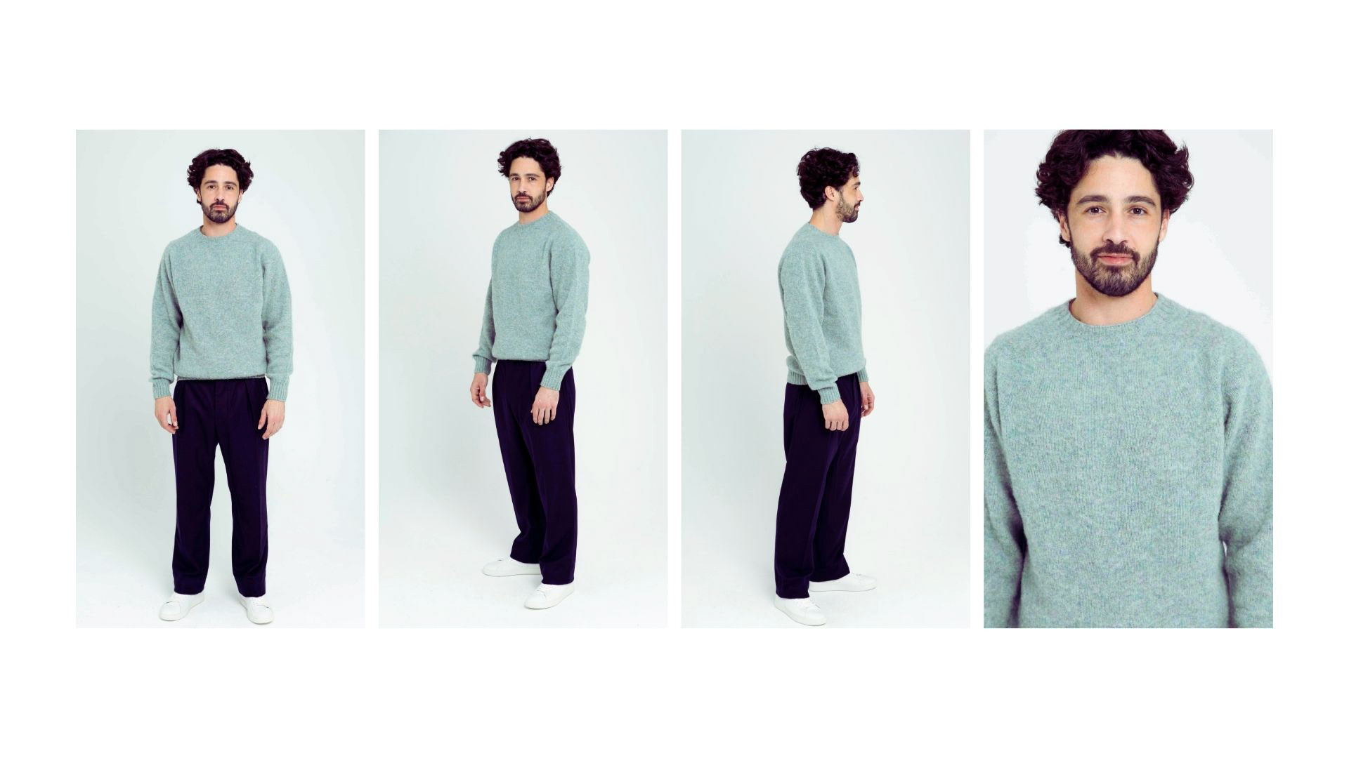 Wool jumper with navy trousers, front side and close up