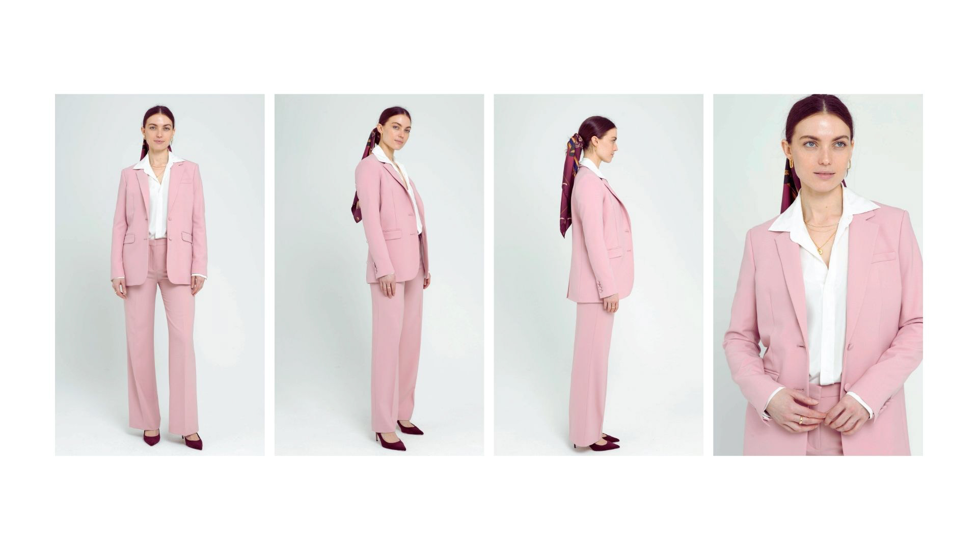Pink two piece suit, front side and close up