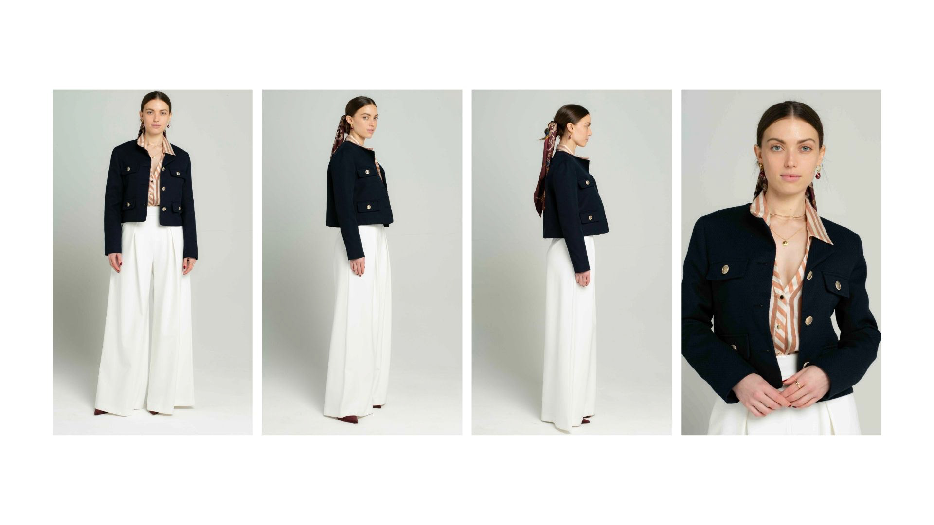 white flair trousers, a shirt and a blazer coat, front side and close up