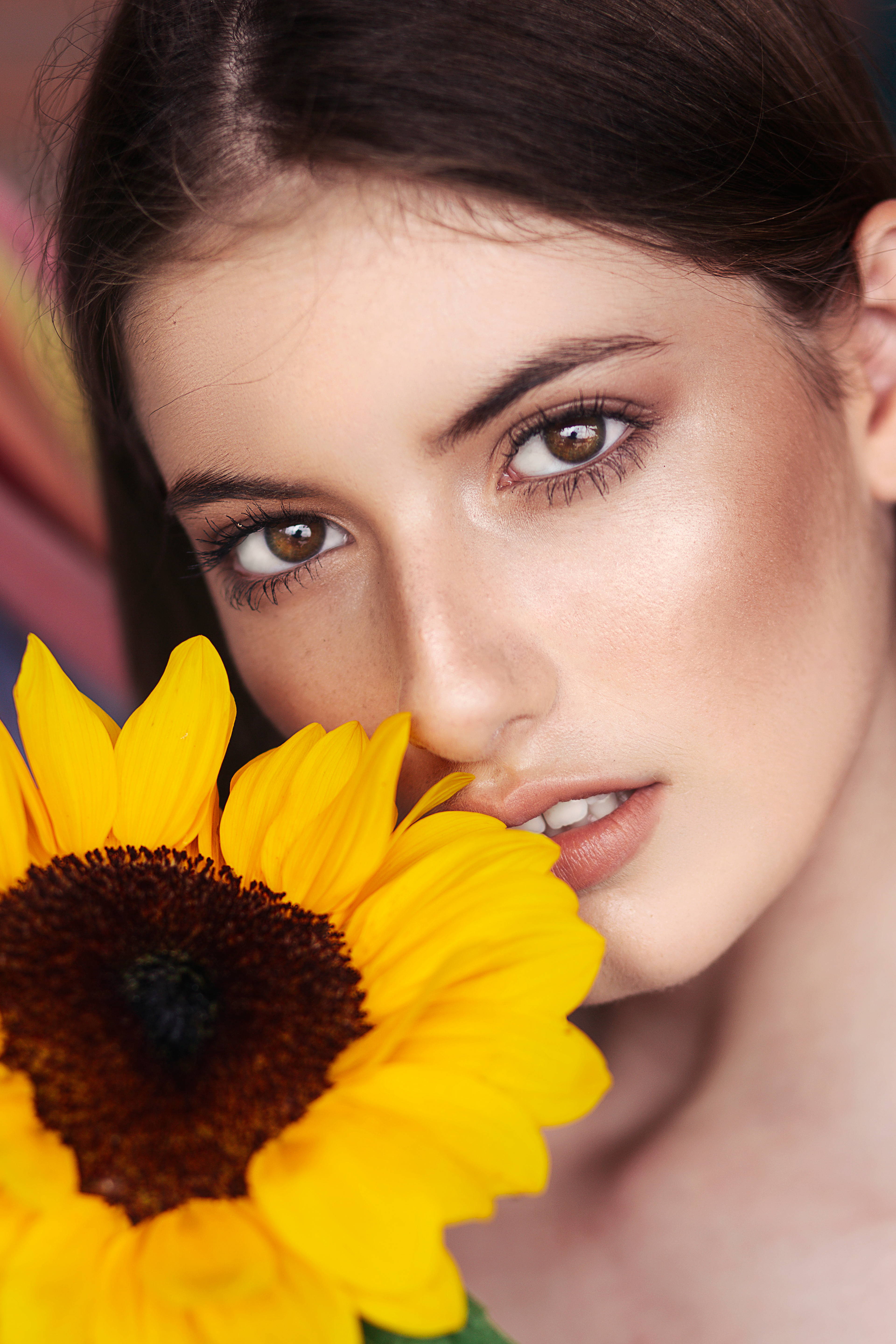 sunflower next to a large softbox lit face with bronze blush make up