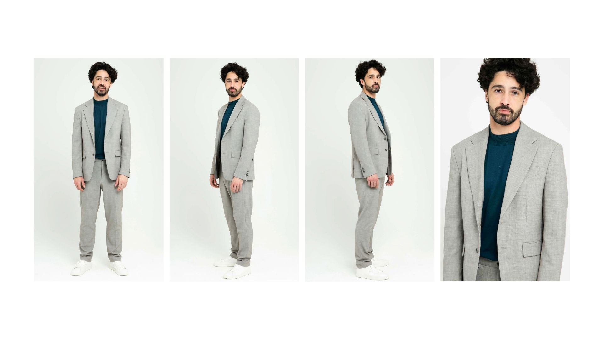 Grey suit with navy t shirt, front side and close up