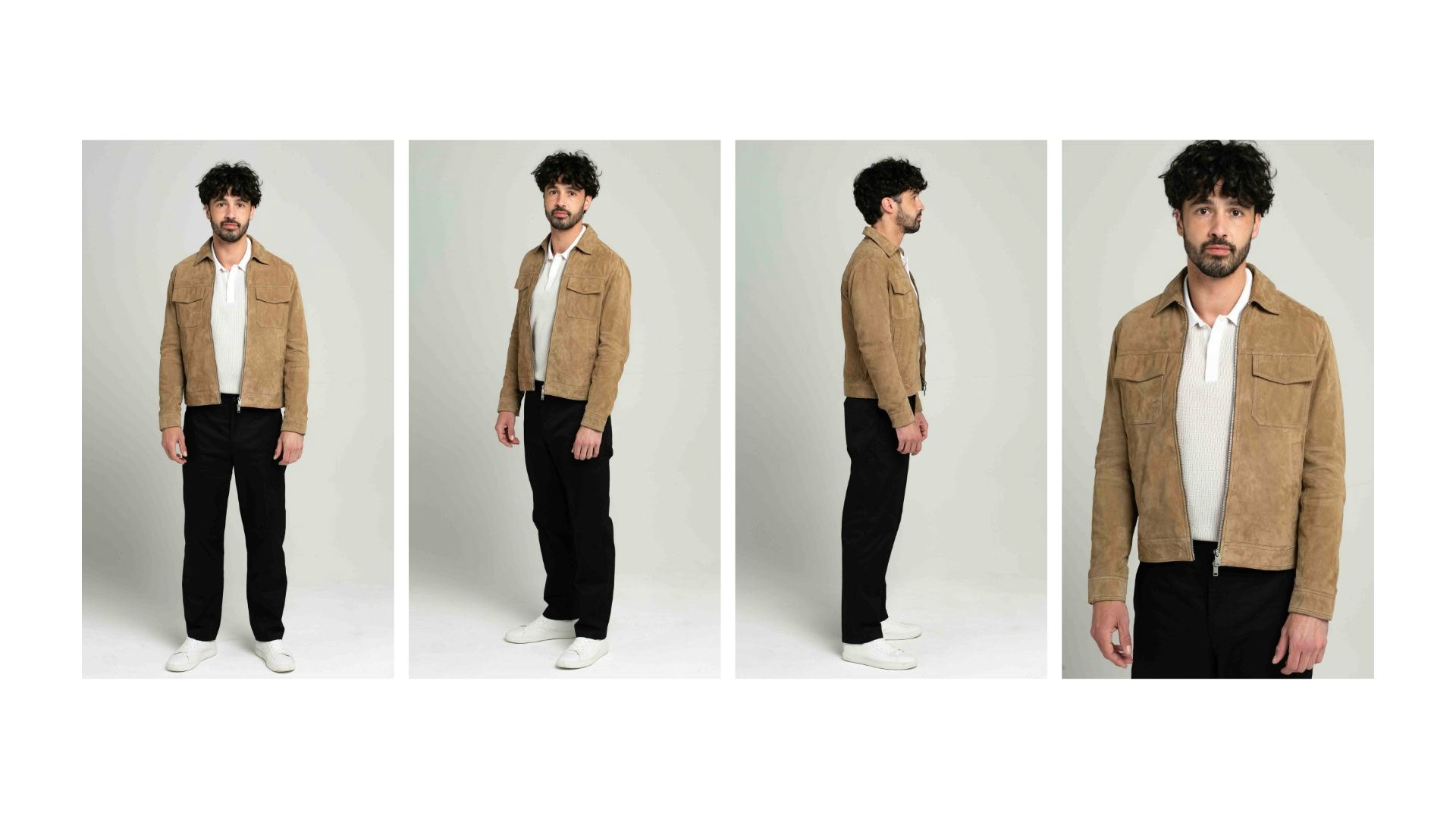 Black trousers, white polo and a Beige jacker