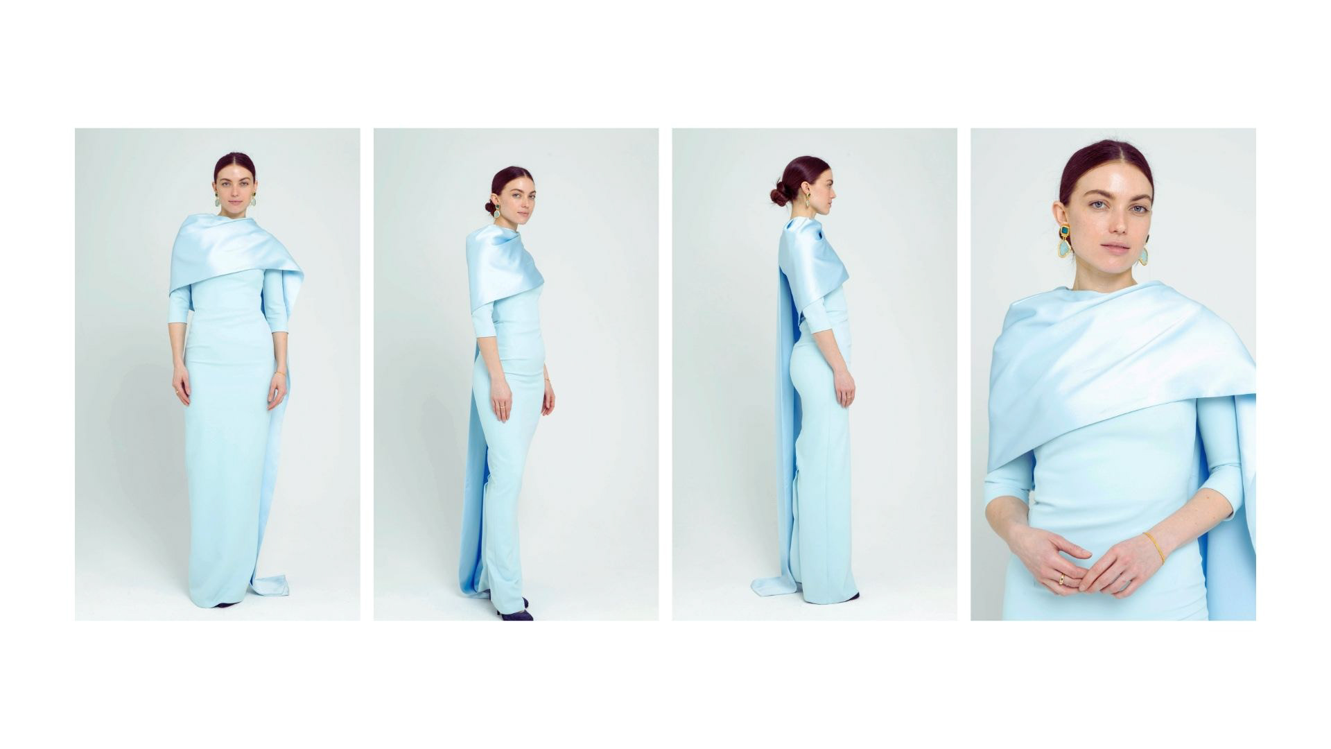 Sky blue dress with a drape going across and behind the shoulder