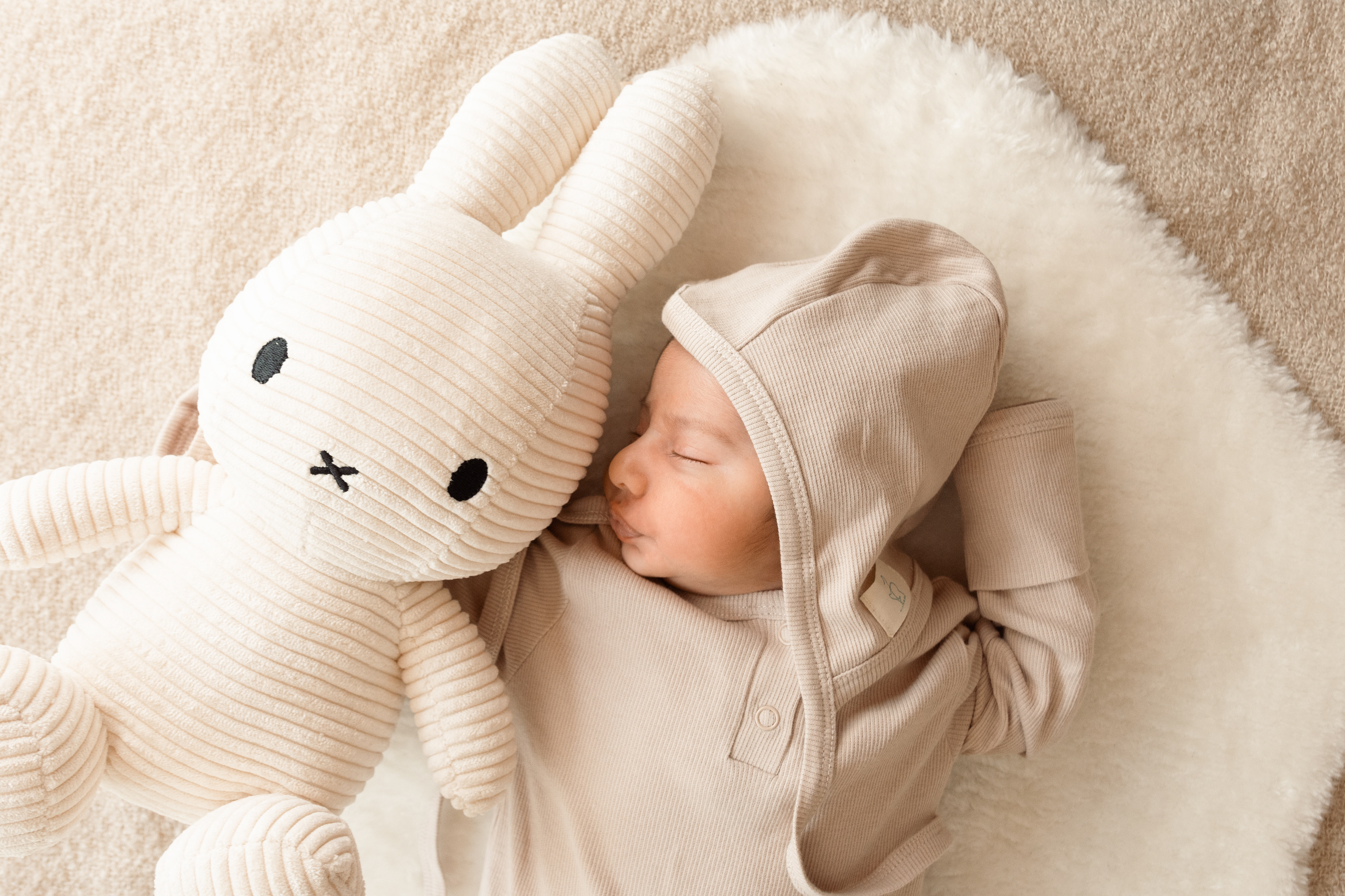 Foto van slapende baby met een grote knuffel van Nijntje