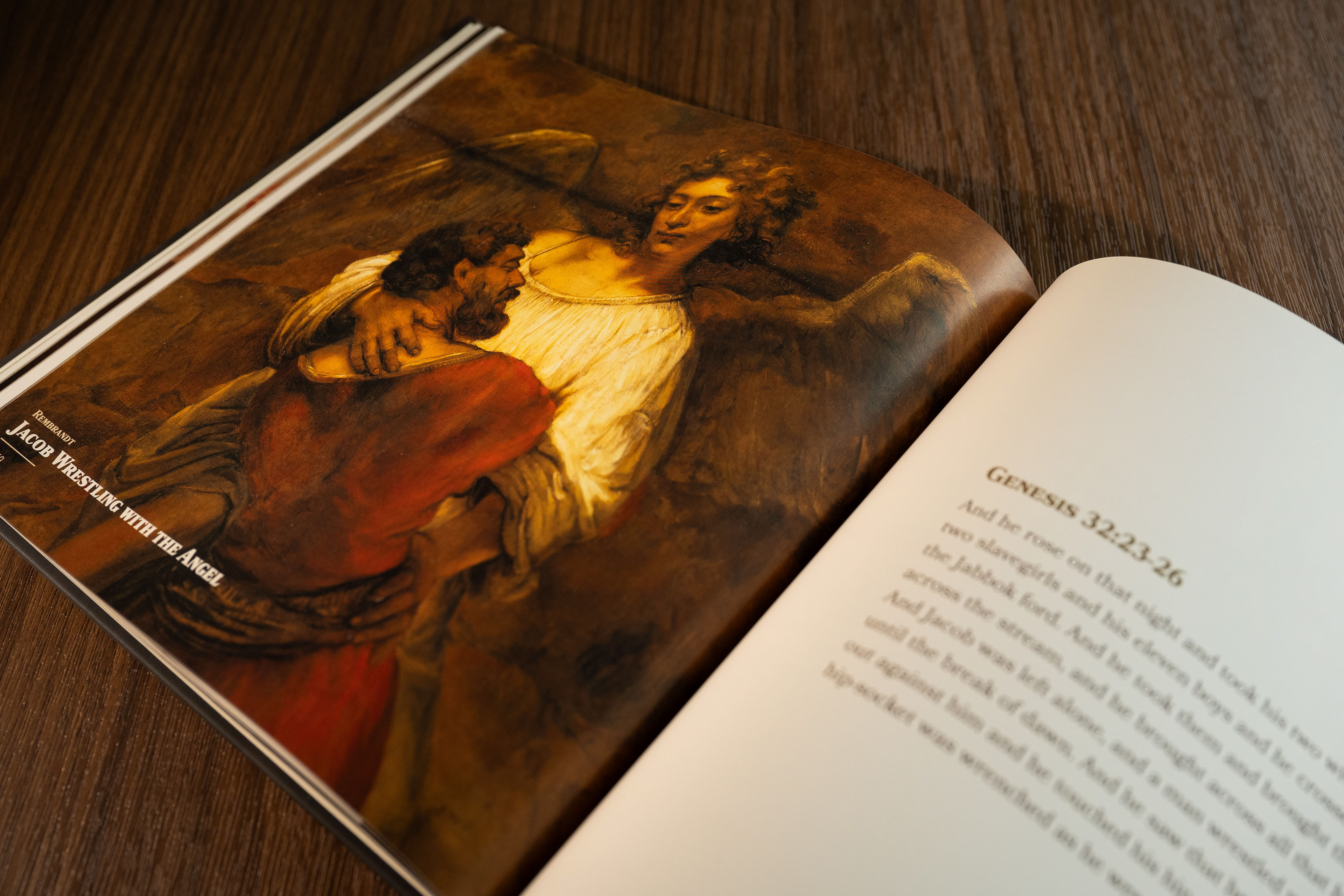 Jacob Wrestling with The Angel by Rembrandt displayed beside passage from Genesis 32.