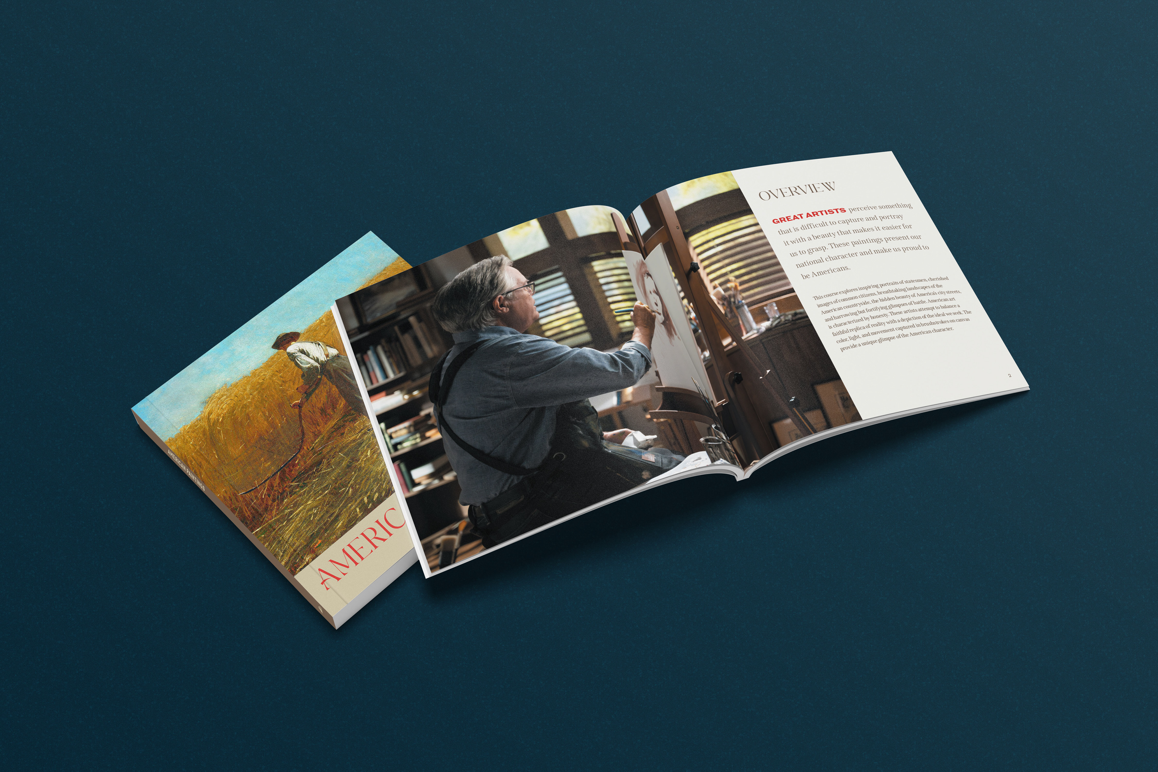 Front cover and Overview spread, featuring professional photograph of course instructor Sam Knecht taken on-set of the American Paintings course.