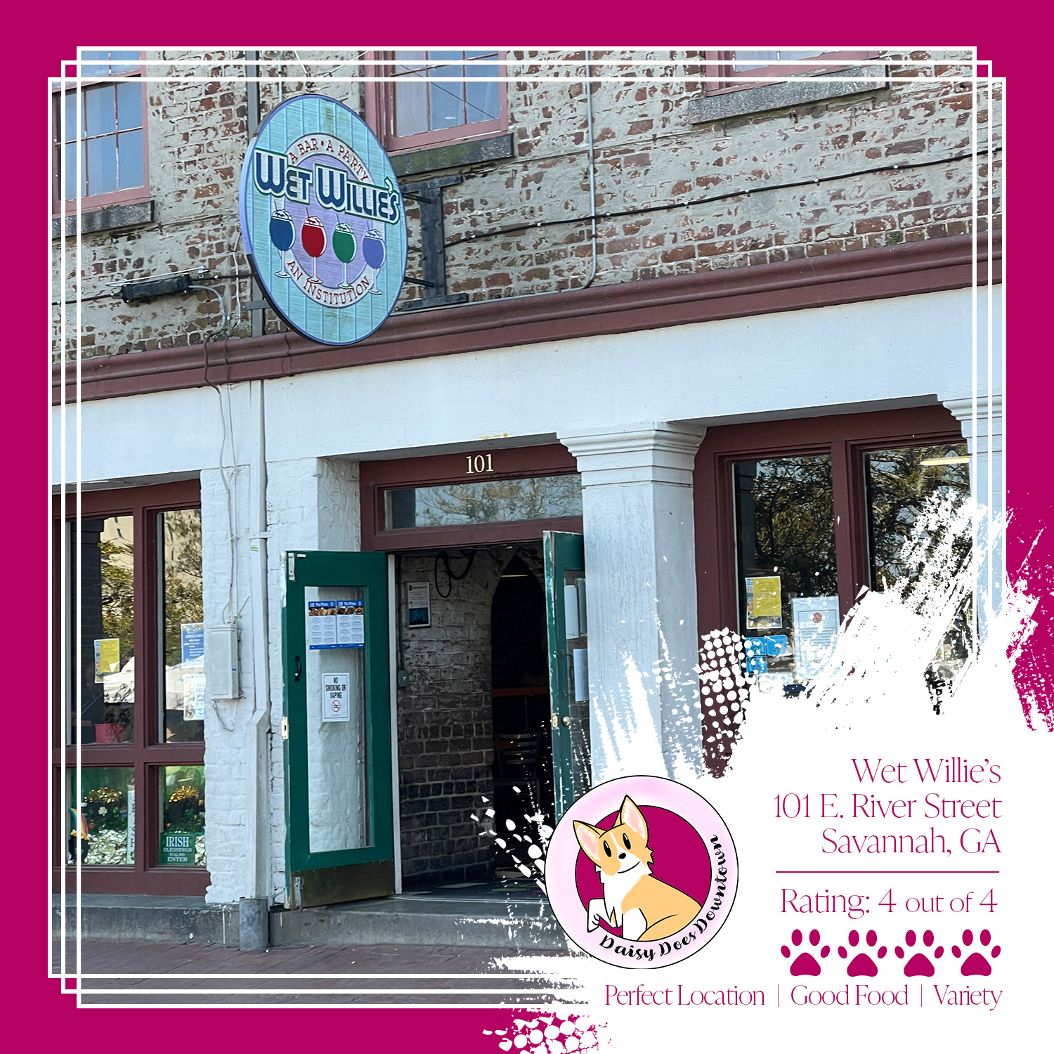 Located on River Street in downtown Savannah, Wet Willie's allows your pets inside with you as your order at the bar.