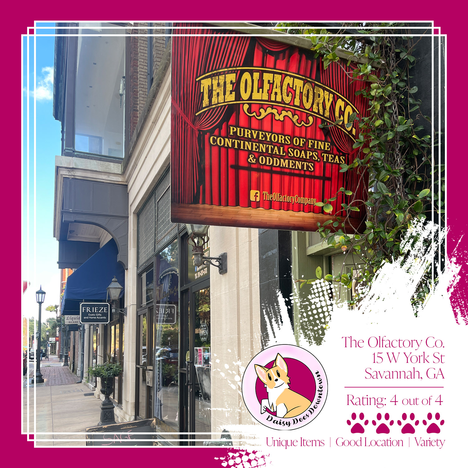 Just off of Wright Square in downtown Savannah, the Olfactory Company is pet-friendly and has a great variety of oddities and unique gifts.