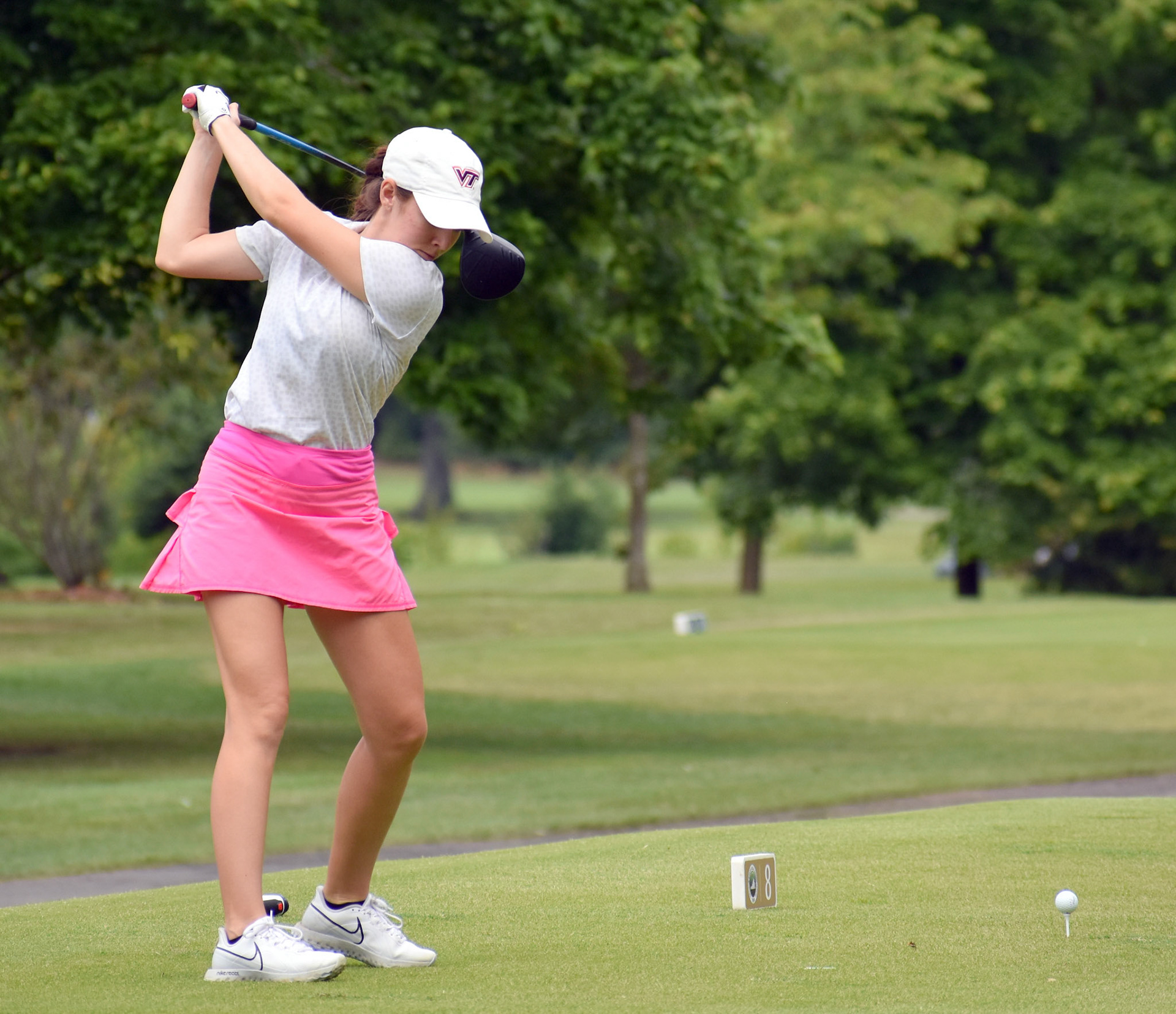 Alyssa Montgomery takes a practice swing on No. 8