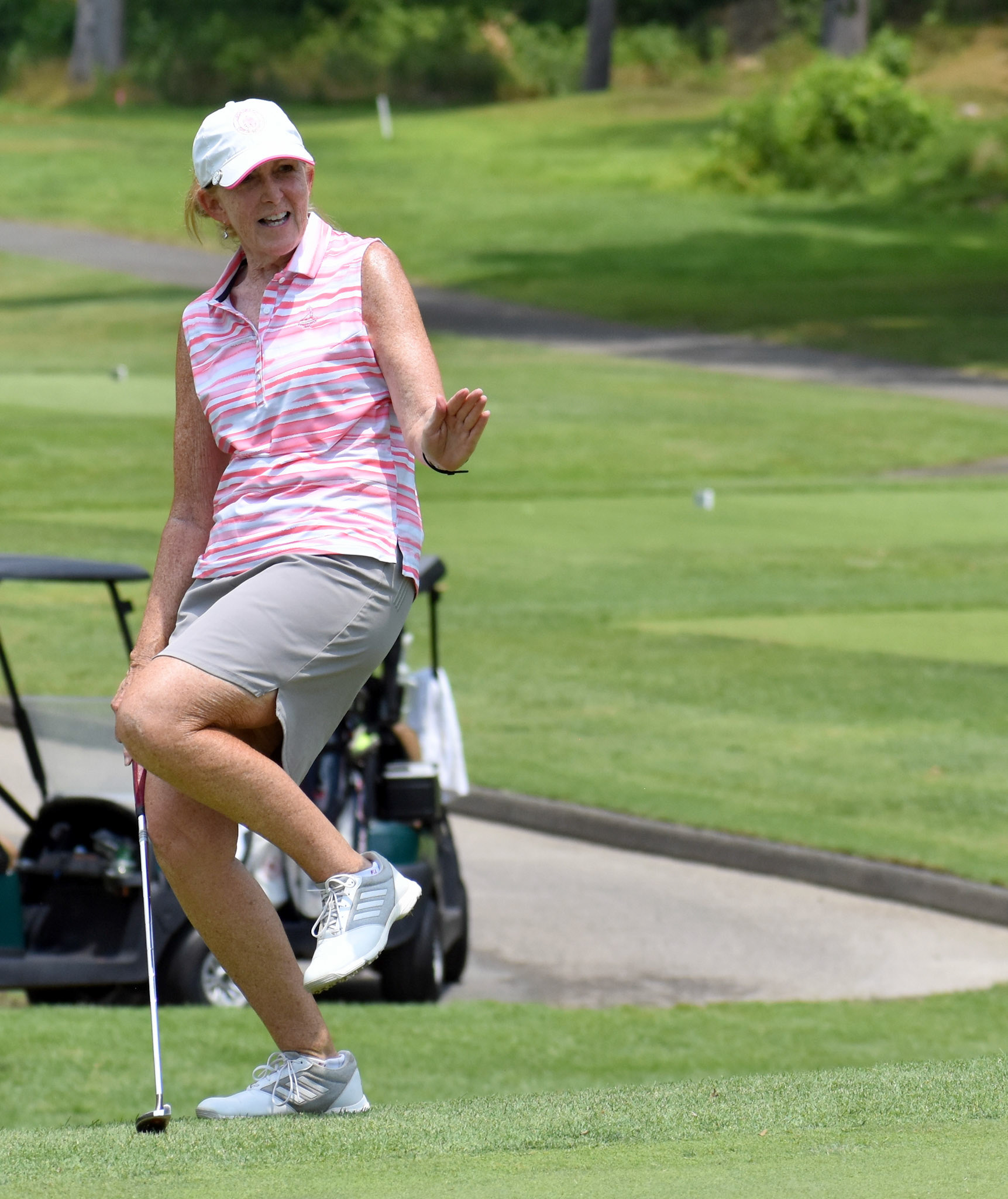 Joan Gardner says "whoa ball!" on 11 green